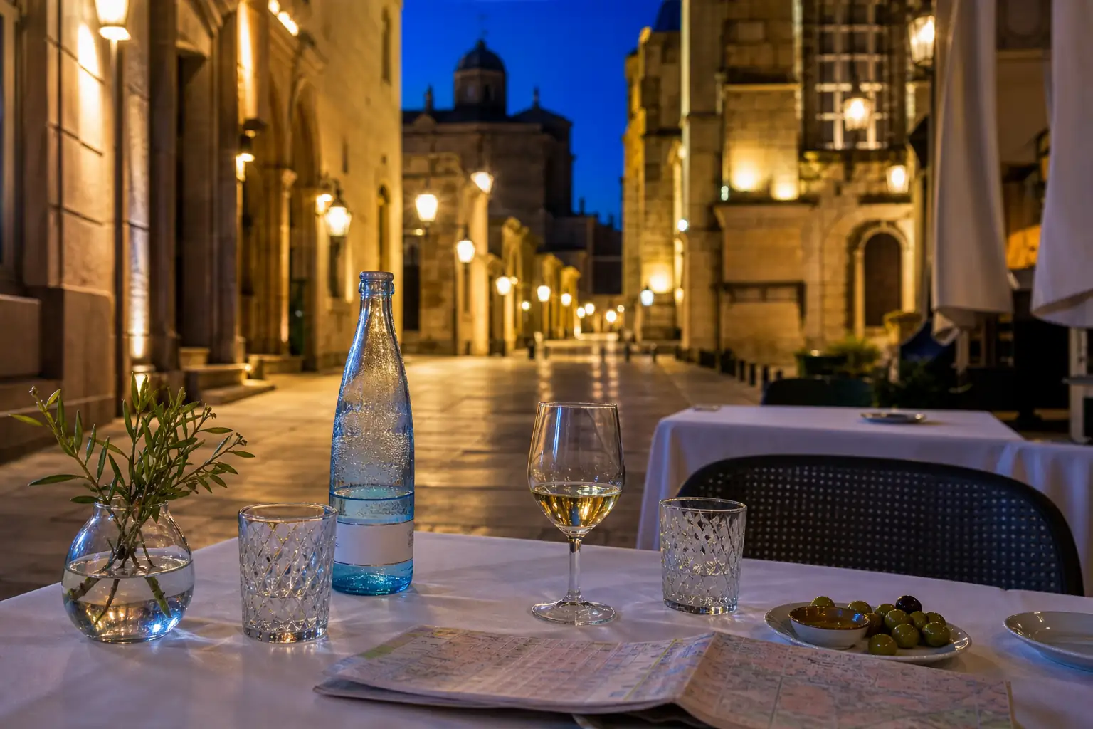 Responsible tapas terrace with water, a small wine glass, and a Spanish street Responsible tapas terrace with water, a small wine glass, and a Spanish street