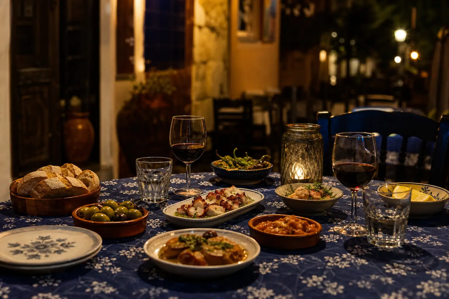 Measured wine, water, and shared tapas in a Spanish dining setting Measured wine, water, and shared tapas in a Spanish dining setting