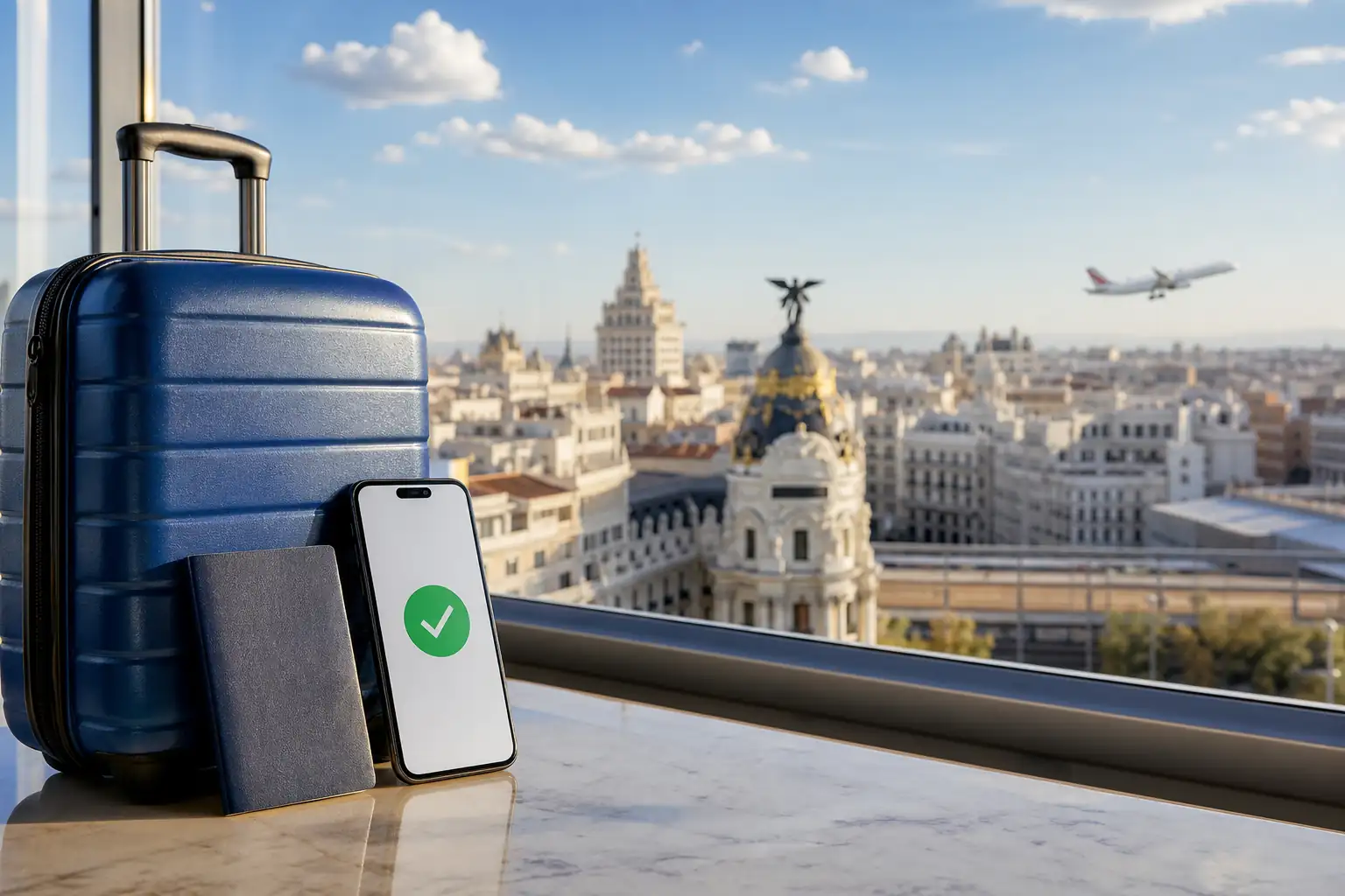 Passport, suitcase, and smartphone showing travel-ready status for Spain Passport, suitcase, and smartphone showing travel-ready status for Spain