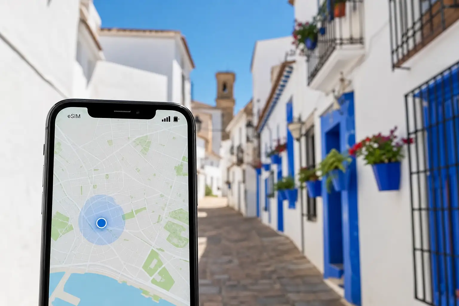 Smartphone maps and eSIM connectivity on a Spanish street Peta ponsel pintar dan konektivitas eSIM di jalanan Spanyol