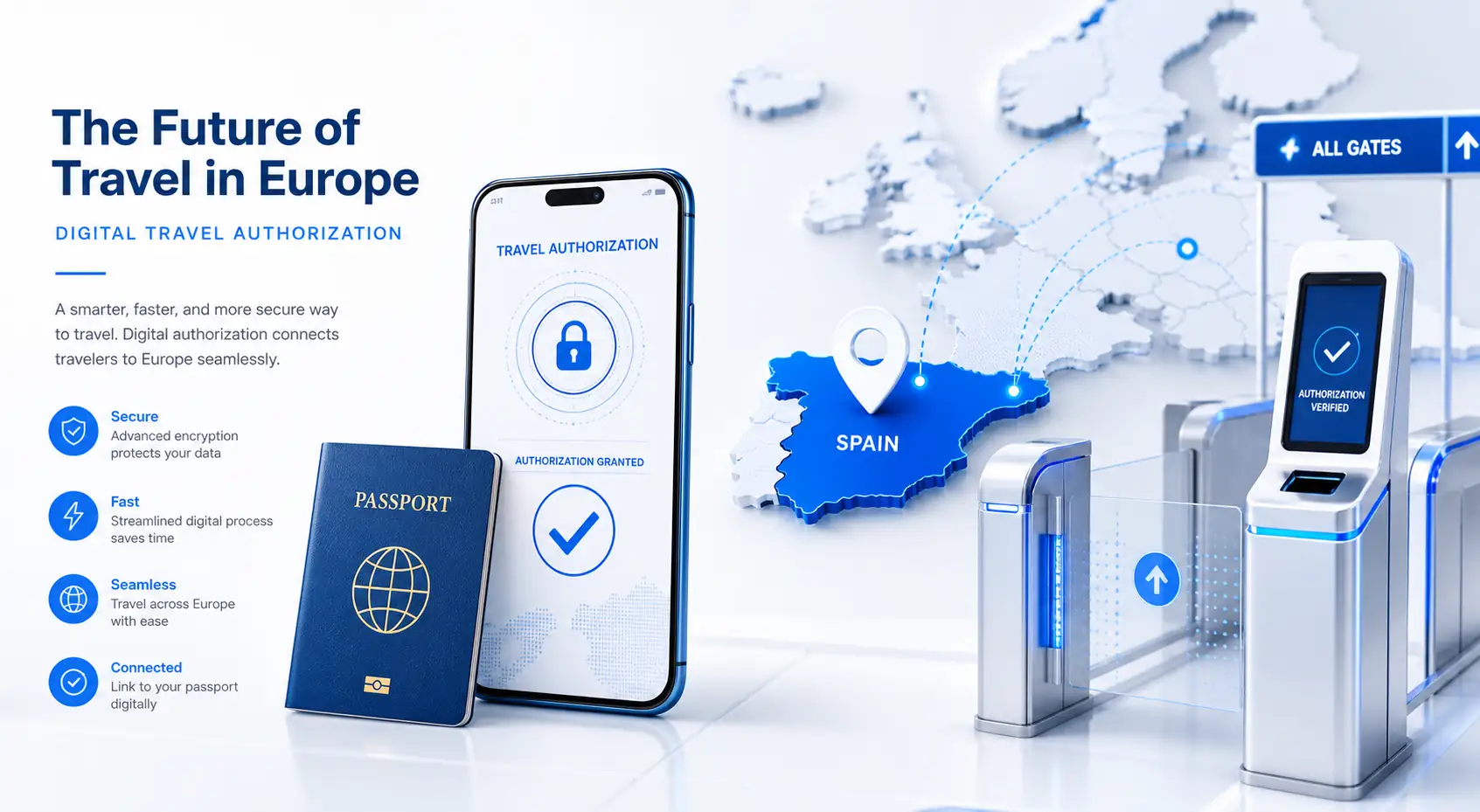 European digital travel authorization and Spain airport entry concept Konsep otorisasi perjalanan digital Eropa dan masuk bandara Spanyol