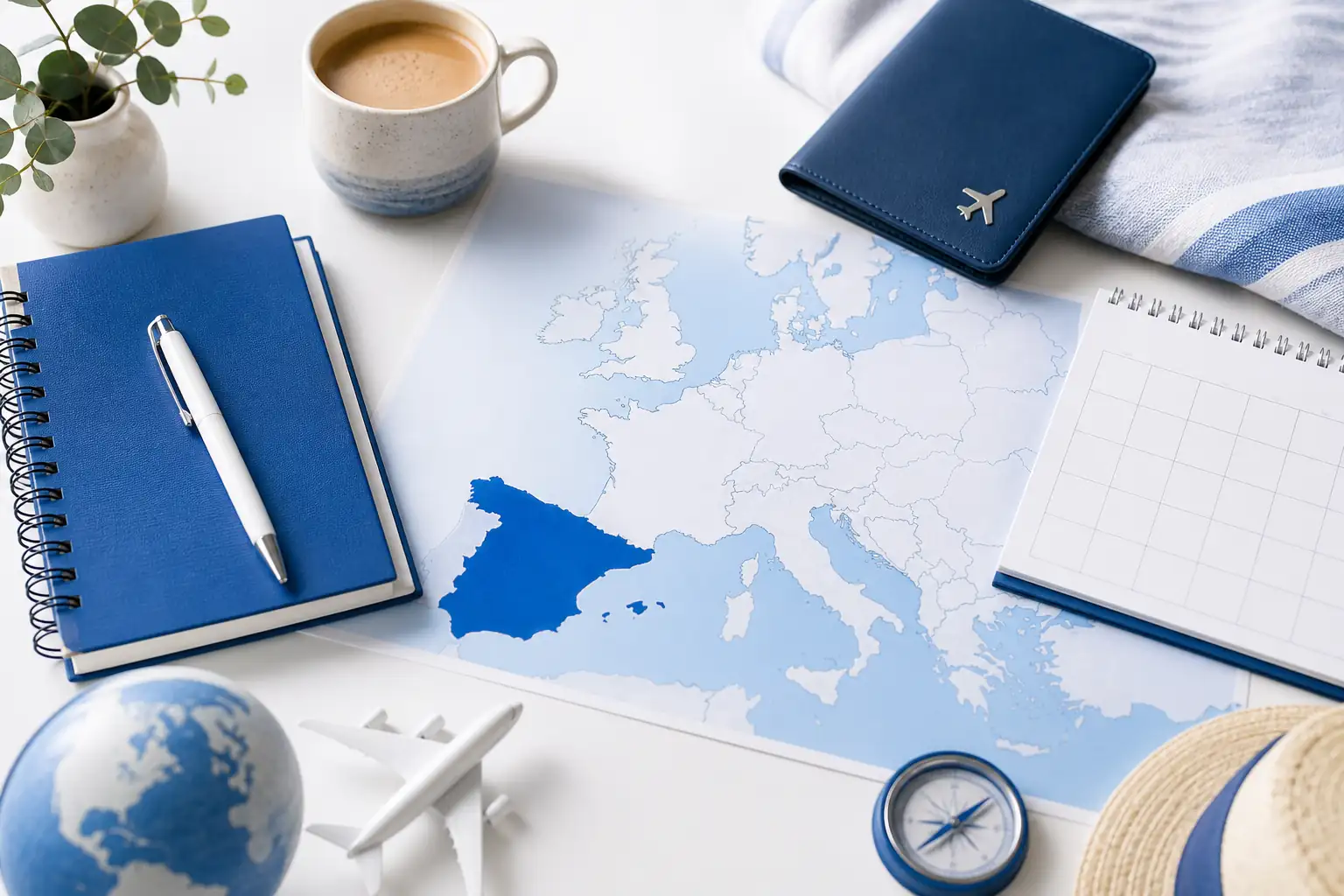 Spain Europe trip planning desk with calendar map and passport cover Spain Europe trip planning desk with calendar map and passport cover