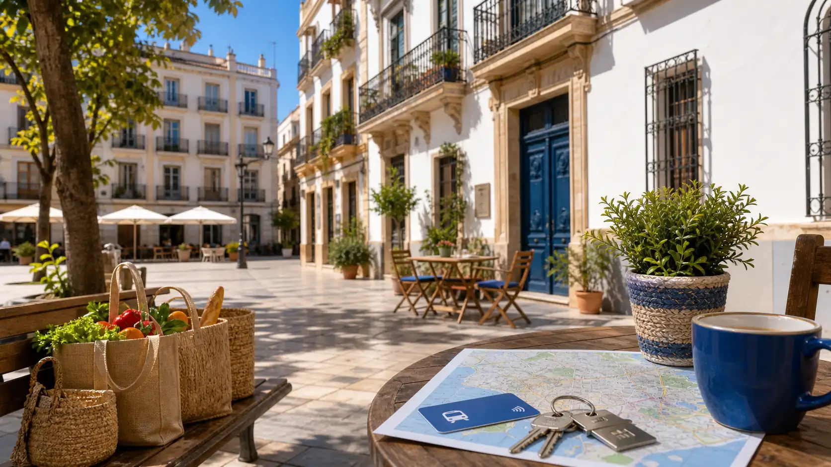 Everyday settling-in scene in a Spanish plaza Everyday settling-in scene in a Spanish plaza