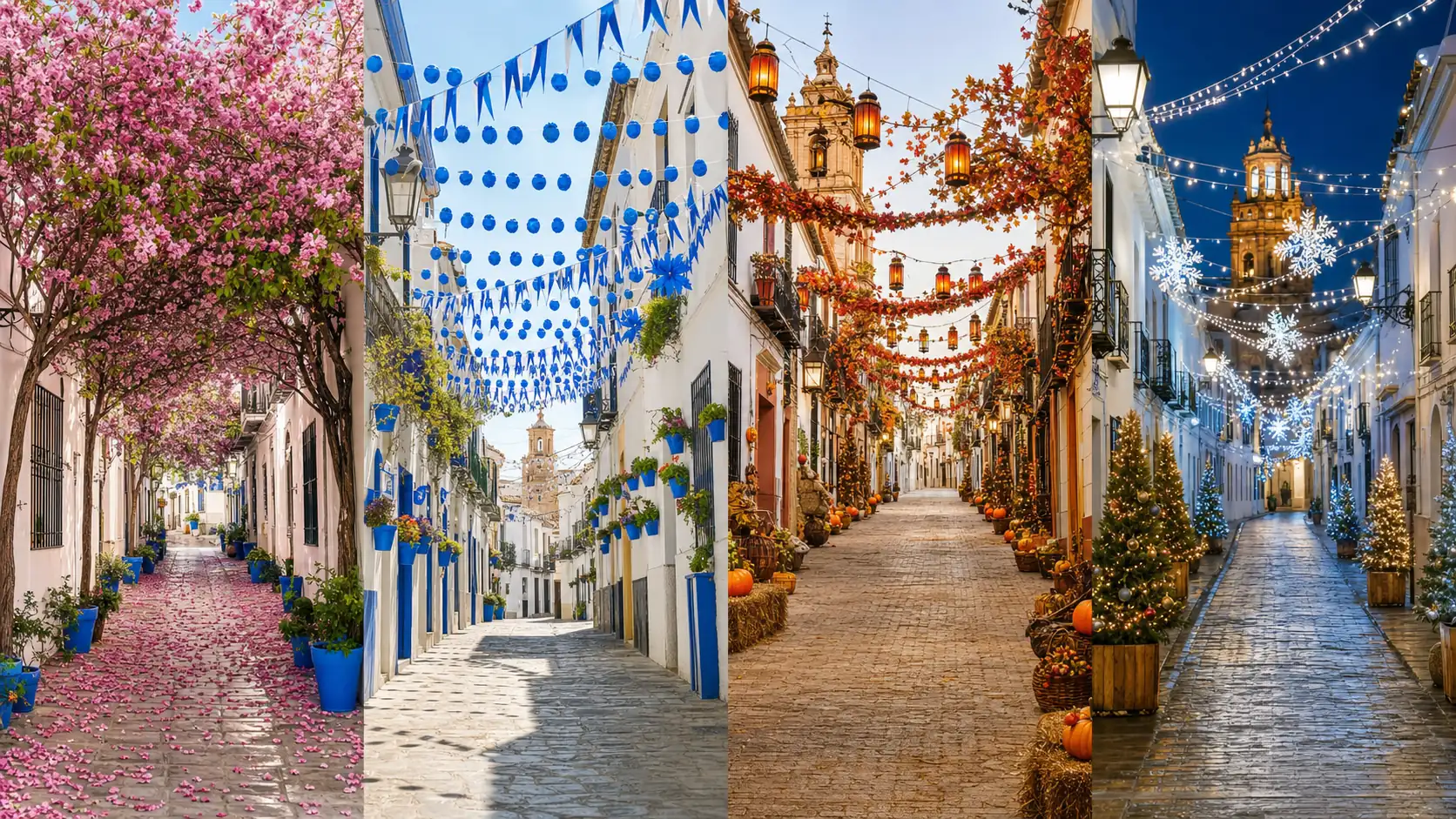 Spanish streets decorated across spring summer autumn and winter festival seasons Spanish streets decorated across spring summer autumn and winter festival seasons