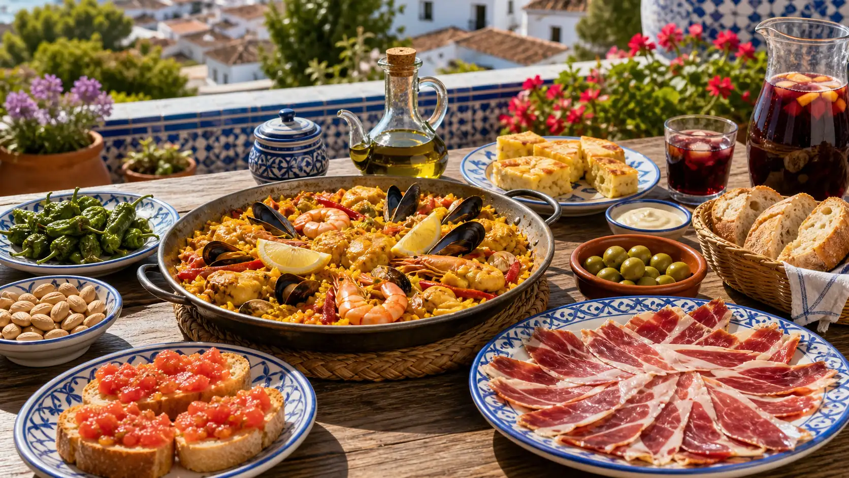 Spanische Esskultur mit Tapas Paella und blau-weißer Keramik Spanische Esskultur mit Tapas, Paella und blau-weißer Keramik