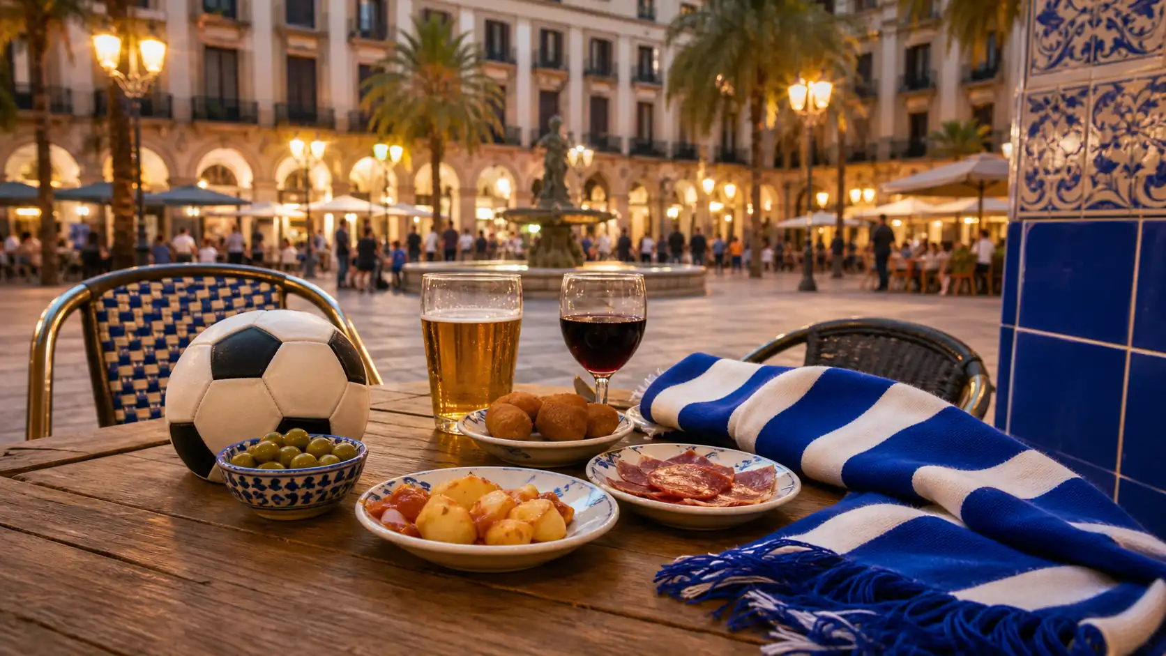Spanish plaza social life with football and tapas atmosphere Das soziale Leben auf einem spanischen Platz mit Fußball- und Tapas-Atmosphäre