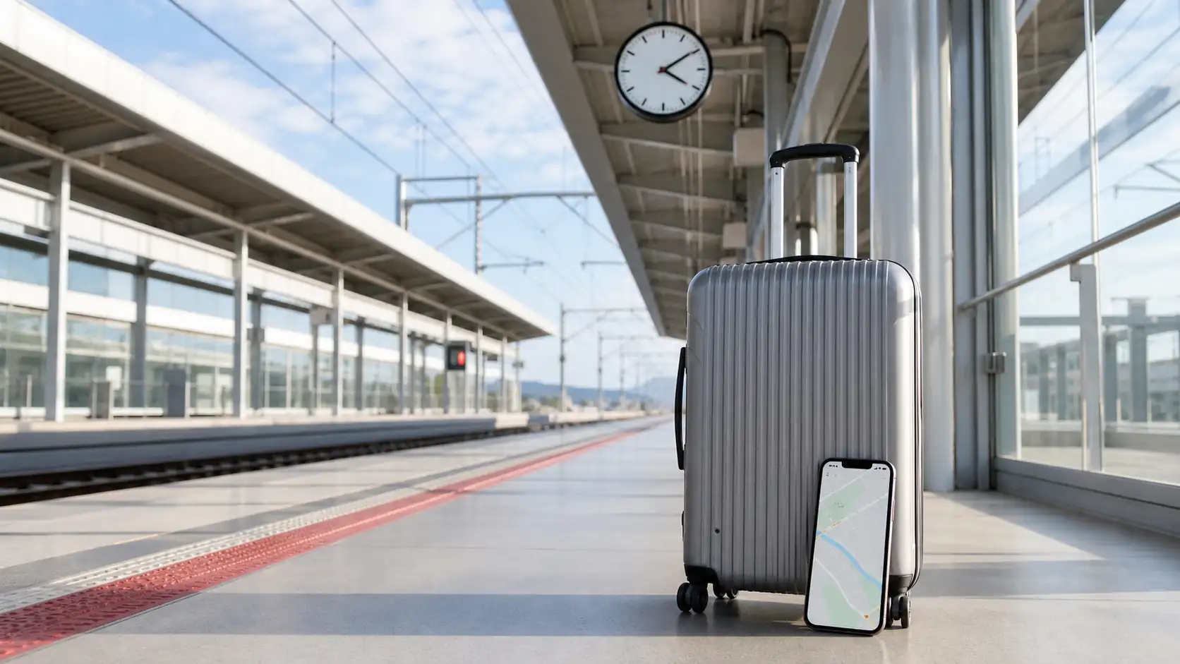 Suitcase and smartphone on a Spanish train platform for holiday travel planning Suitcase and smartphone on a Spanish train platform for holiday travel planning