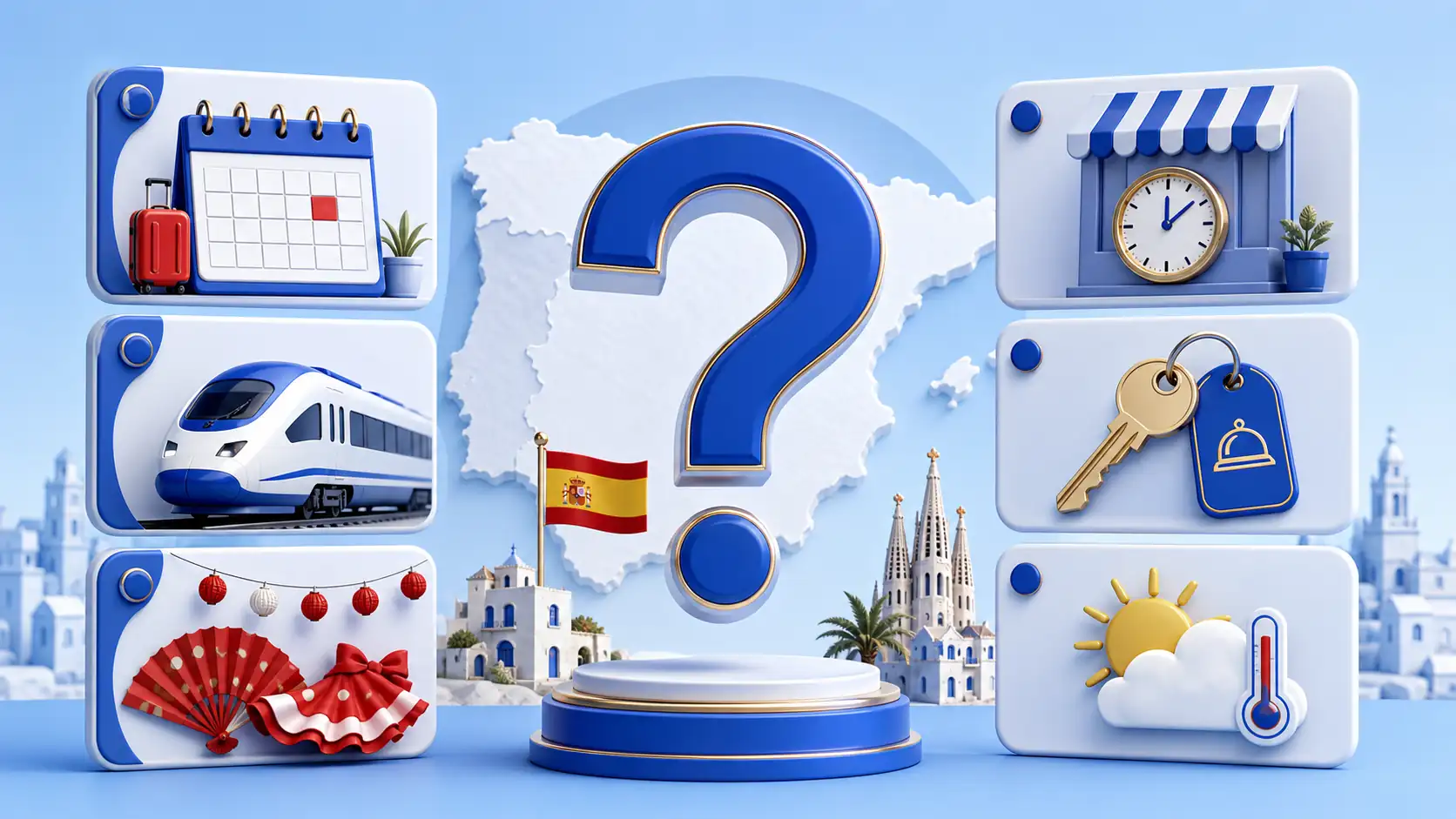 Travel icons and question mark for Spain holiday planning questions Travel icons and question mark for Spain holiday planning questions