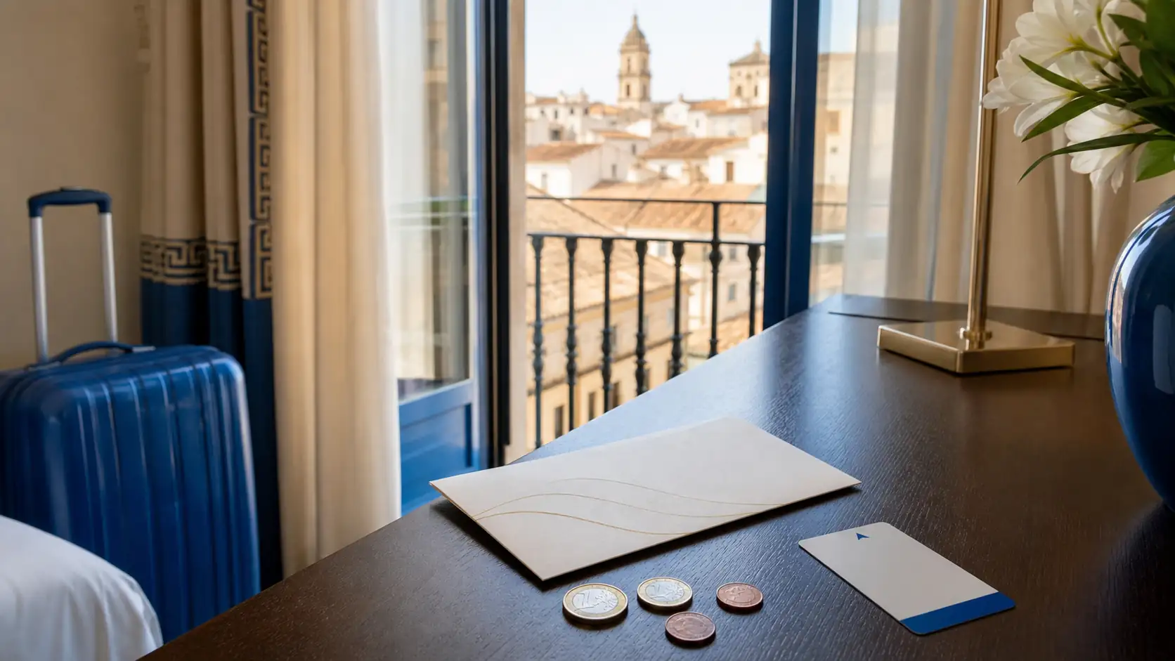 Hotel tipping envelope with coins and luggage in Spain Hotel tipping envelope with coins and luggage in Spain