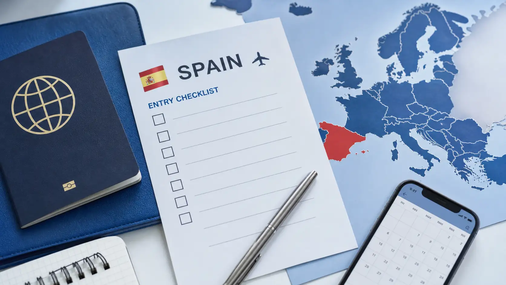 Spain travel insurance entry checklist with passport and map Spain travel insurance entry checklist with passport and map