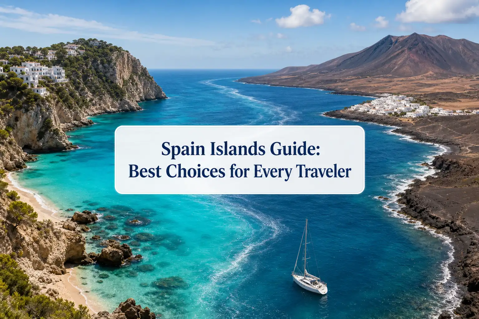 Spain islands guide cover comparing Mediterranean coves and volcanic coasts Spain islands guide cover comparing Mediterranean coves and volcanic coasts