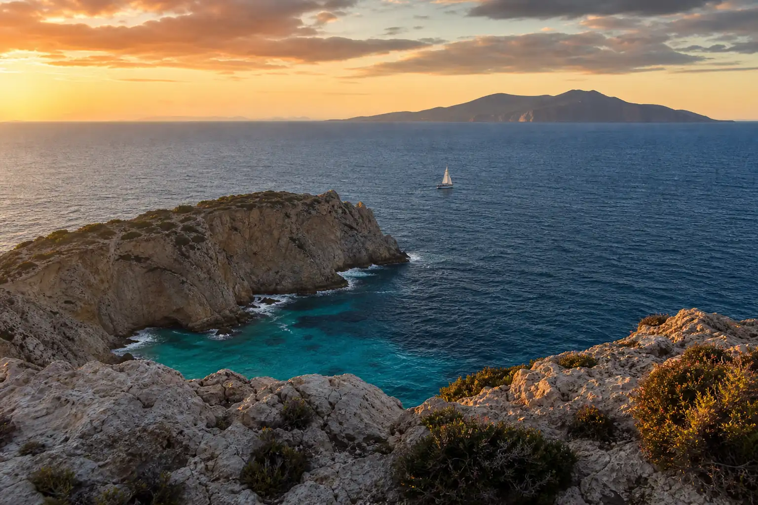 Spanish island coastline and sailboat at sunset Spanish island coastline and sailboat at sunset