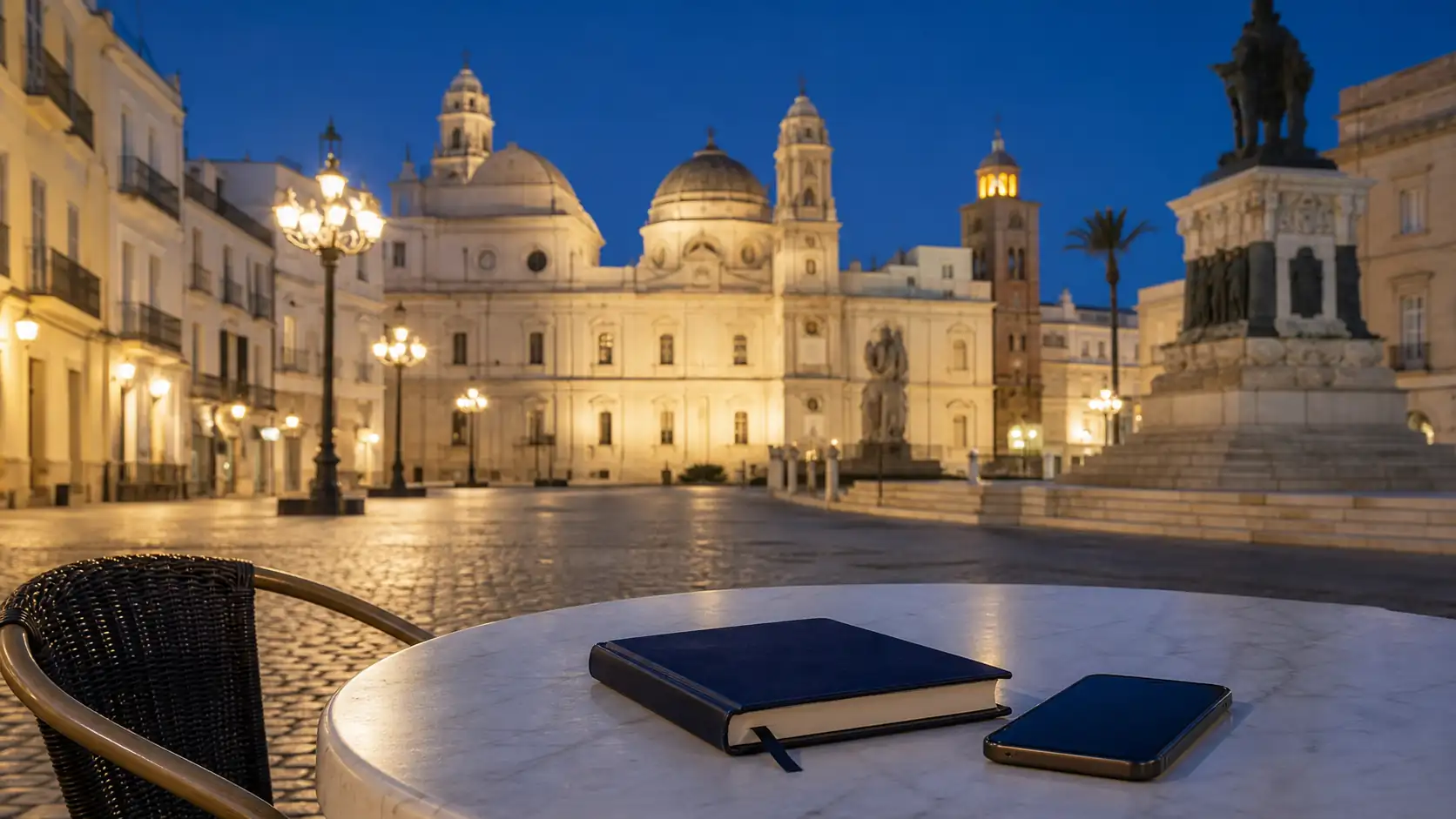 Phrasebook and smartphone in a Spanish plaza at blue hour Phrasebook and smartphone in a Spanish plaza at blue hour