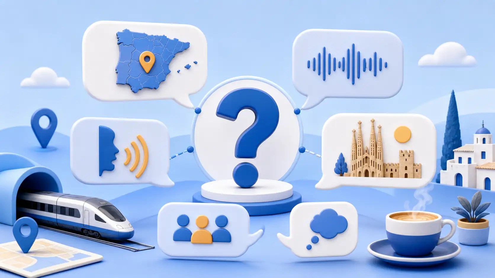Question mark and travel communication icons for Spain language questions Question mark and travel communication icons for Spain language questions