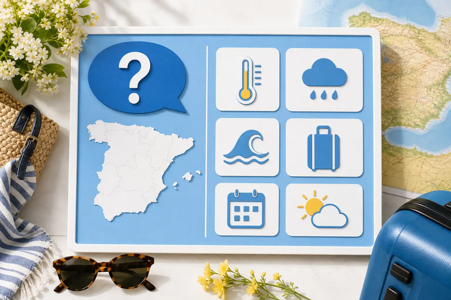 Spain map with May weather, sea, calendar, and packing icons Spain map with May weather, sea, calendar, and packing icons