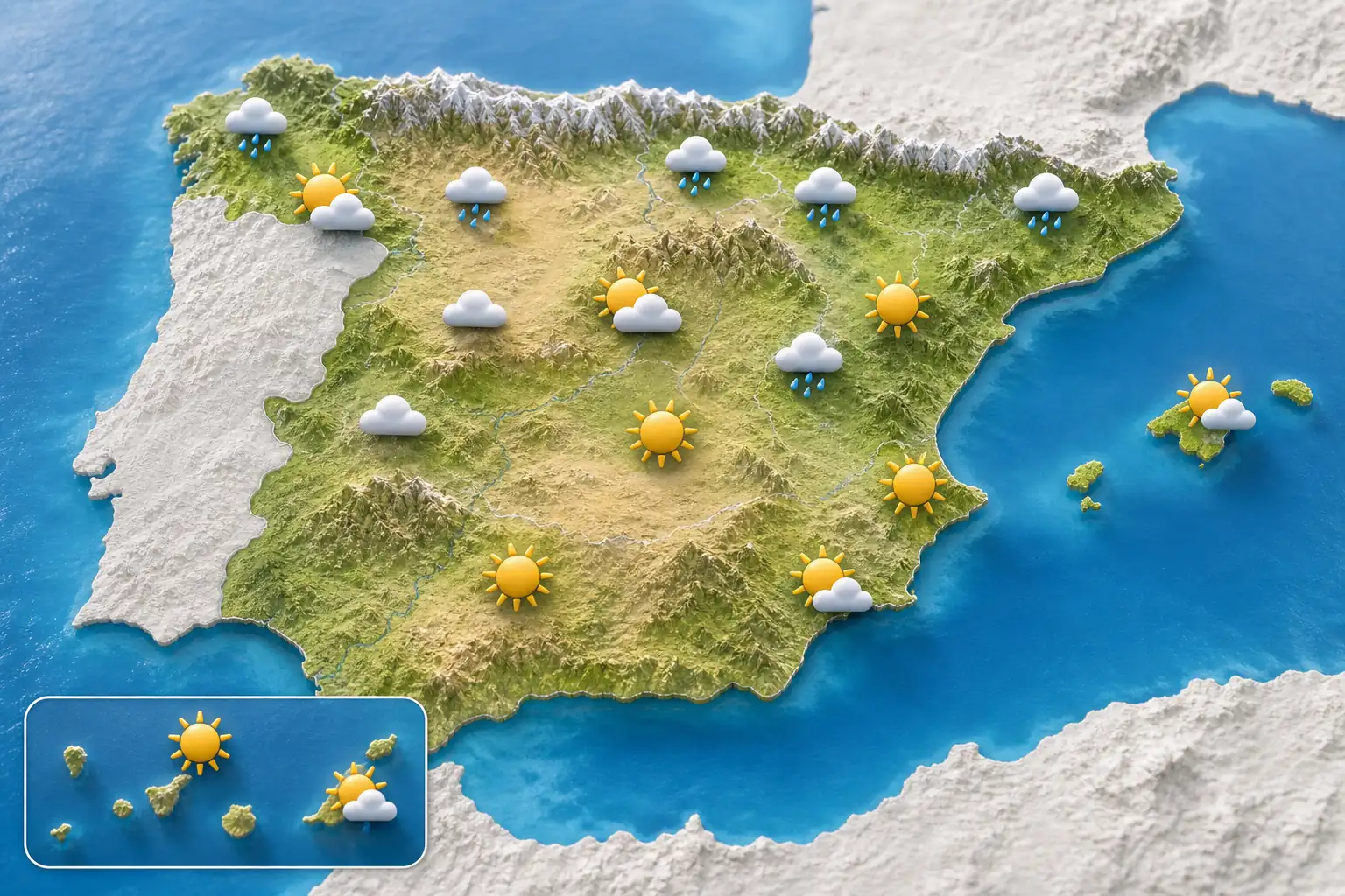 Map of typical sunshine and rainfall patterns across Spain in May Map of typical sunshine and rainfall patterns across Spain in May
