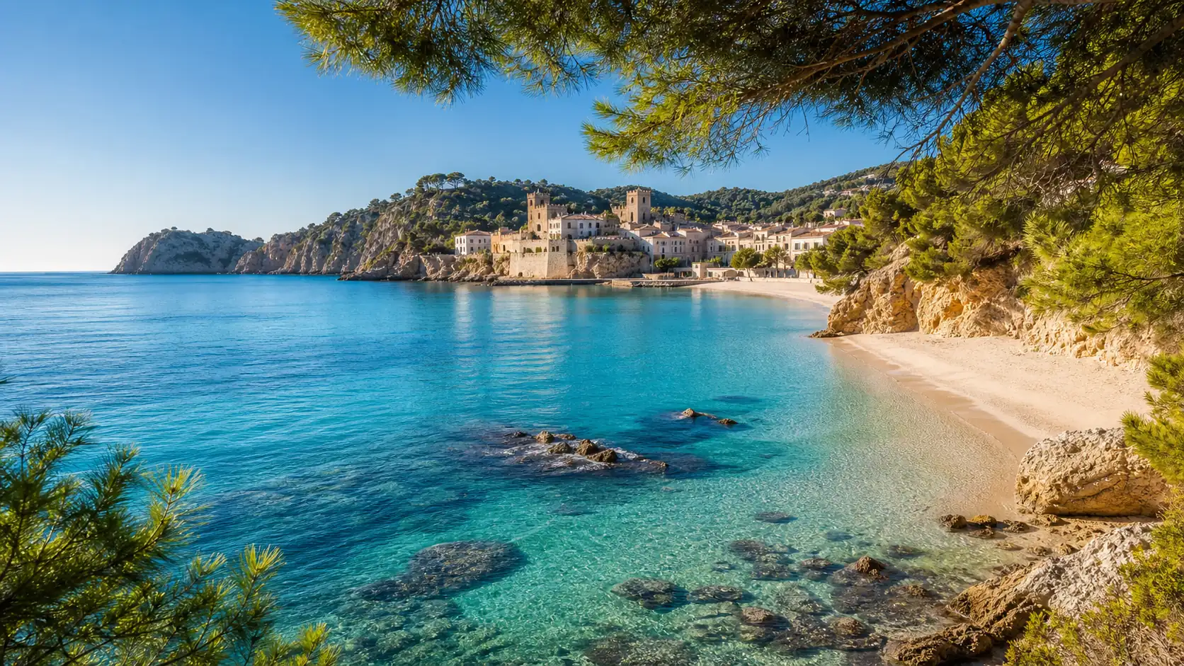 Turquoise Mediterranean cove with pine trees and a Spanish coastal village Turquoise Mediterranean cove with pine trees and a Spanish coastal village
