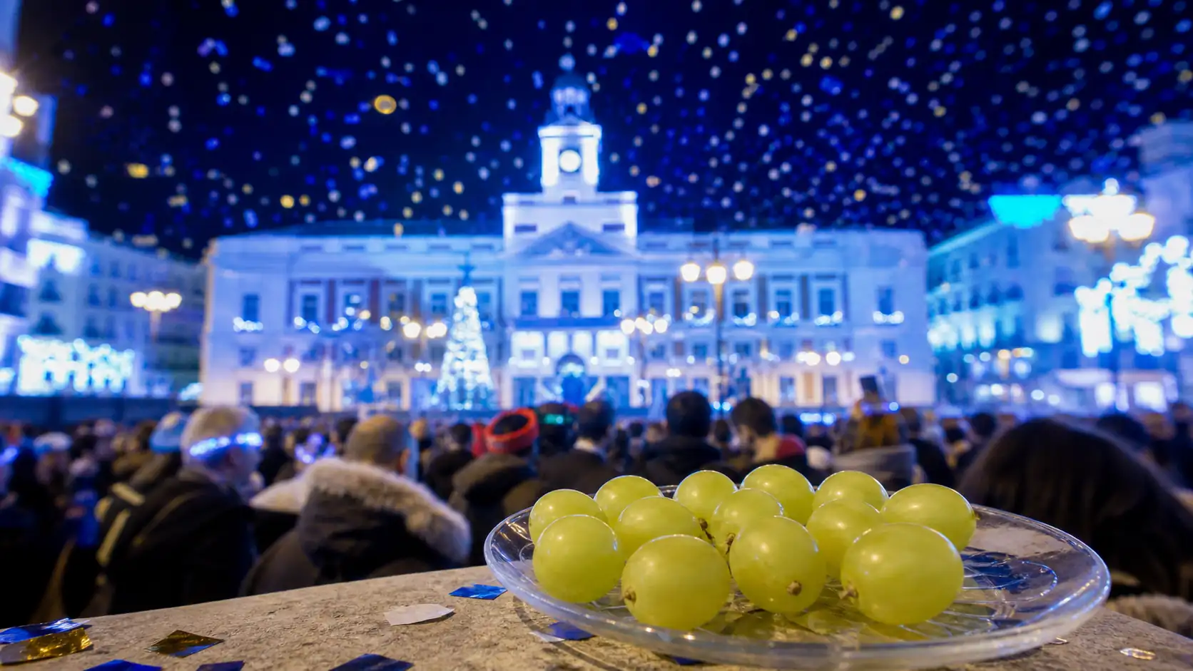 Twelve grapes ready for New Year's Eve in a Spanish square