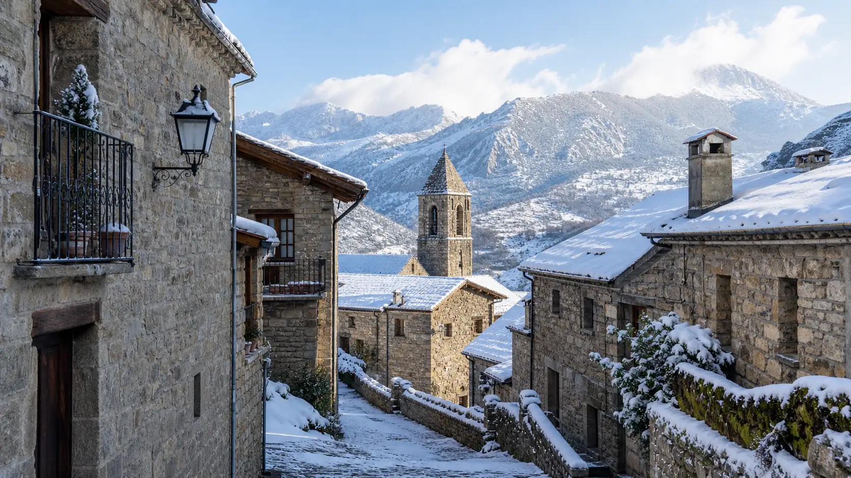 Northern Spanish mountain town with light snow Nordspanische Bergstadt mit leichtem Schneefall