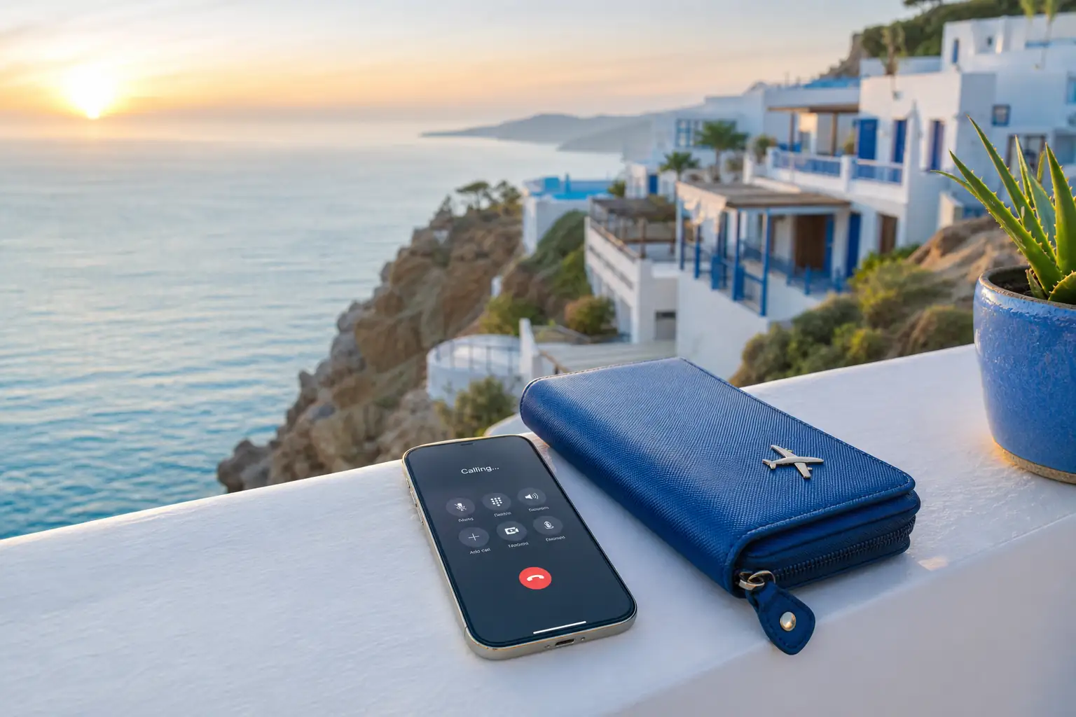 Phone ready for an international call overlooking the Spanish coast Ponsel siap untuk panggilan internasional dengan pemandangan pantai Spanyol