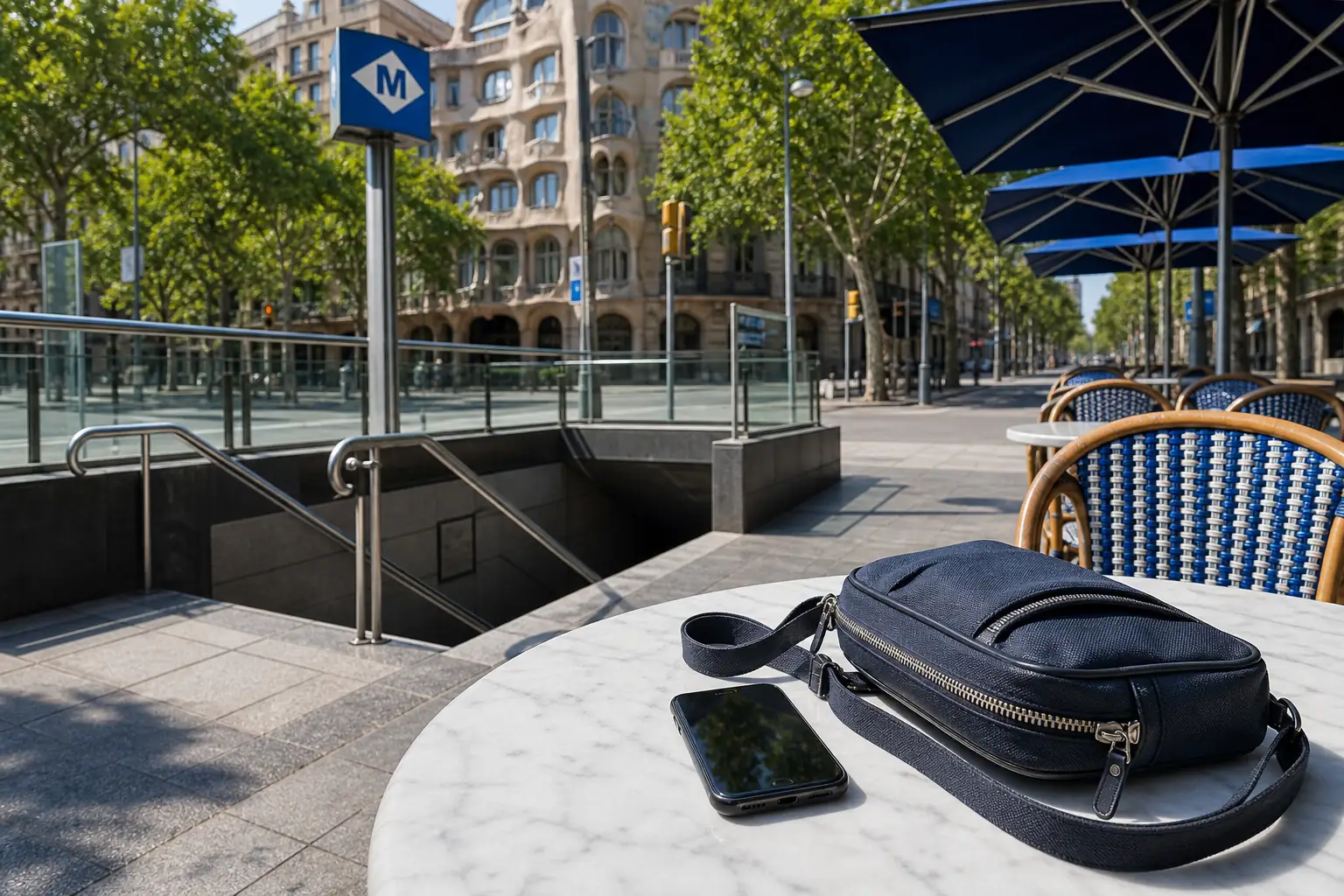 Secured travel bag near a Barcelona metro entrance Secured travel bag near a Barcelona metro entrance