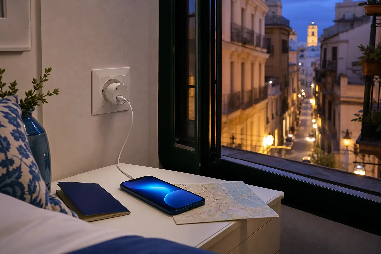 Phone charging through a European outlet in a Spanish hotel Phone charging through a European outlet in a Spanish hotel