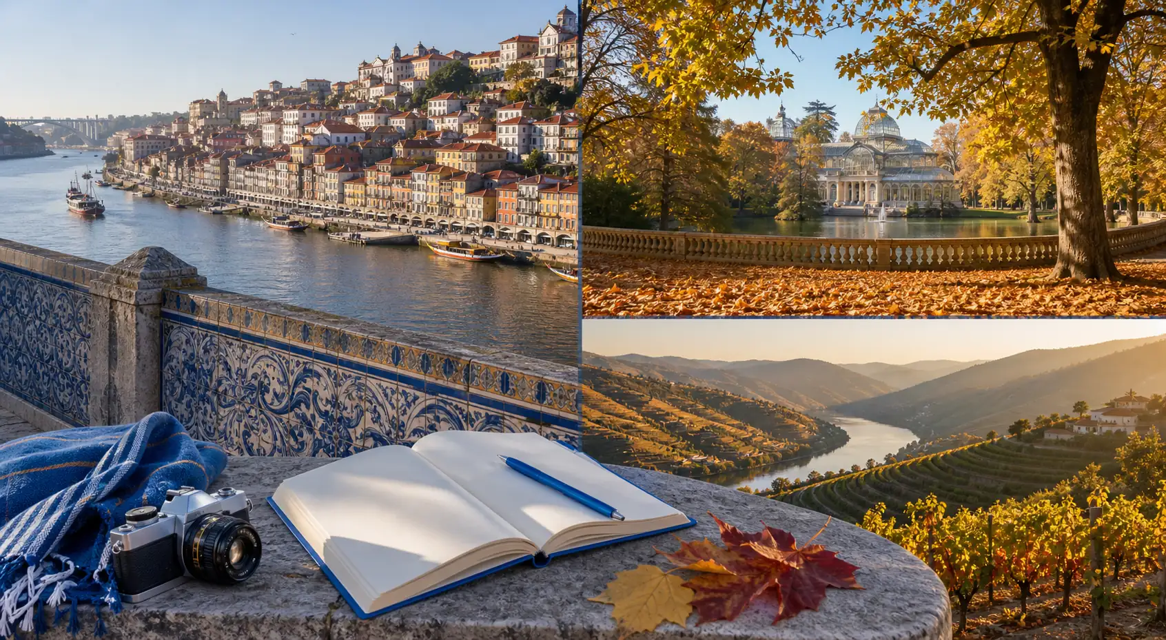 Autumn Iberia travel scene with Porto riverside Madrid park leaves and vineyard colors Autumn Iberia travel scene with Porto riverside Madrid park leaves and vineyard colors
