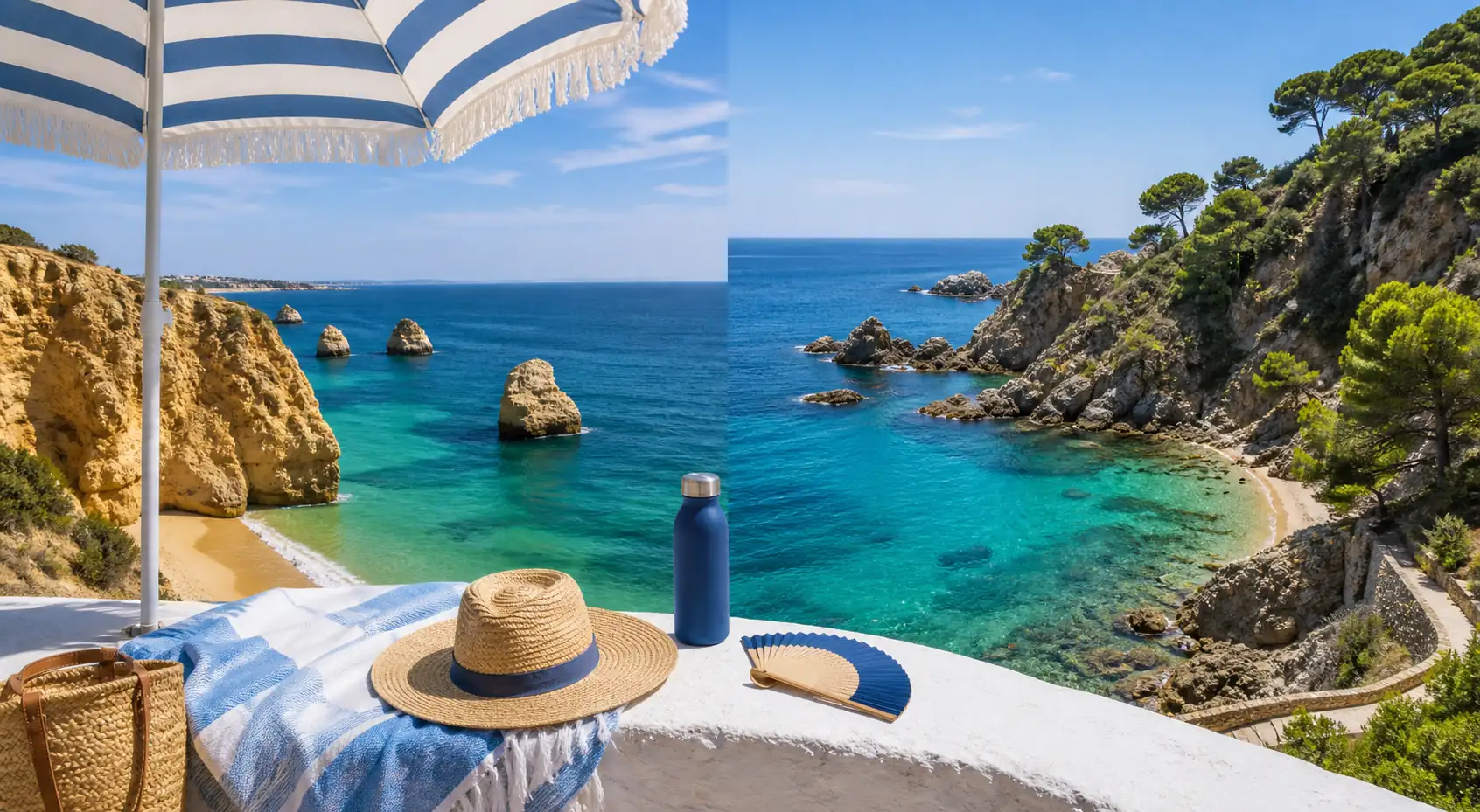 Summer coastal travel scene with Algarve cliffs Mediterranean cove and blue sea Summer coastal travel scene with Algarve cliffs Mediterranean cove and blue sea