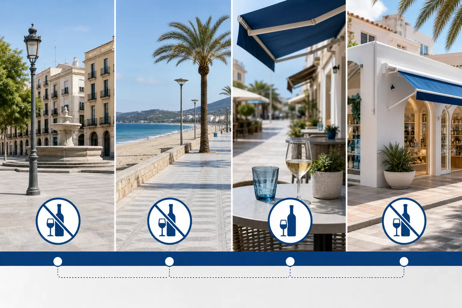 Public drinking rules across a Spanish plaza, beach, terrace, and resort Public drinking rules across a Spanish plaza, beach, terrace, and resort