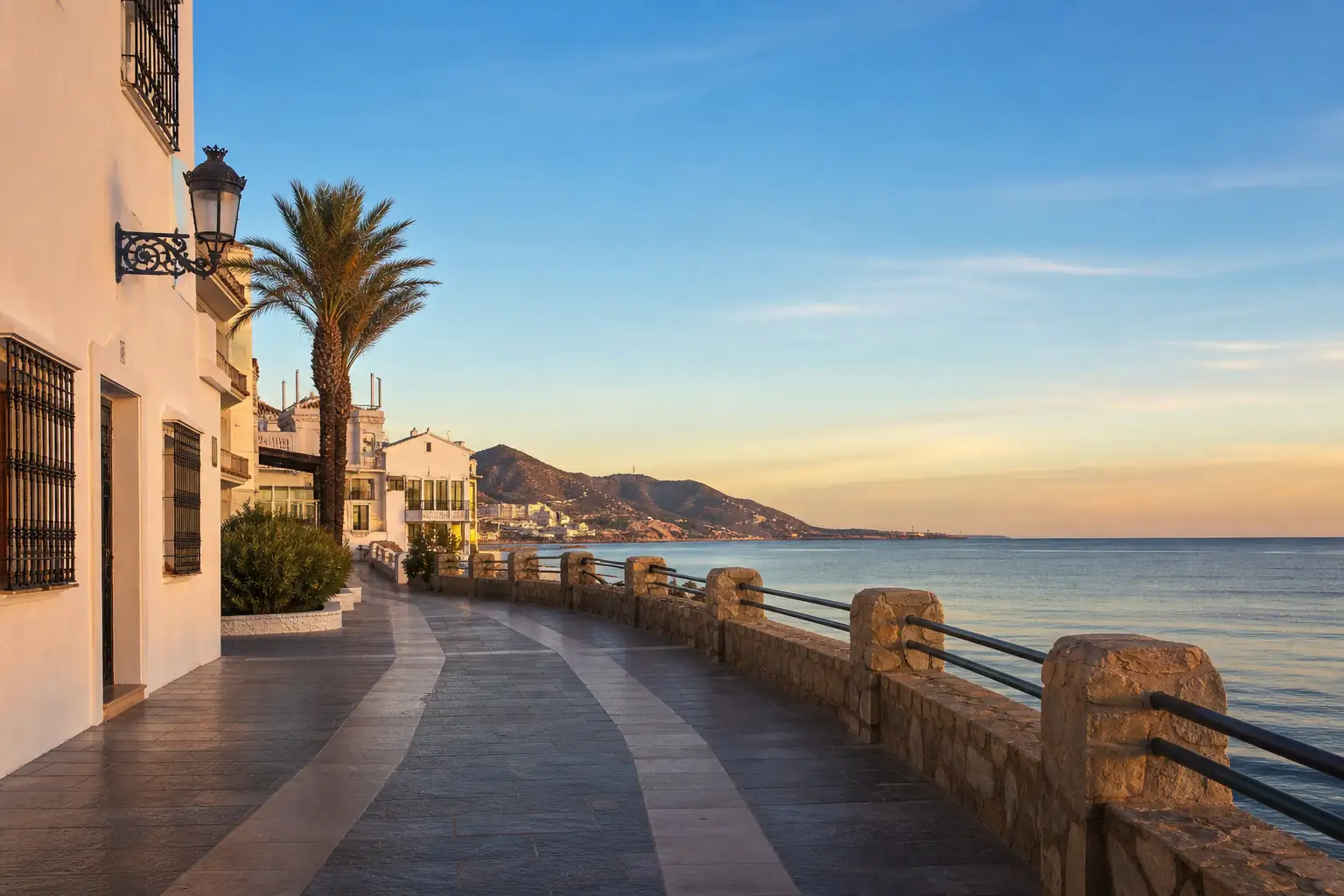 Calm Spanish Mediterranean promenade at sunset Calm Spanish Mediterranean promenade at sunset