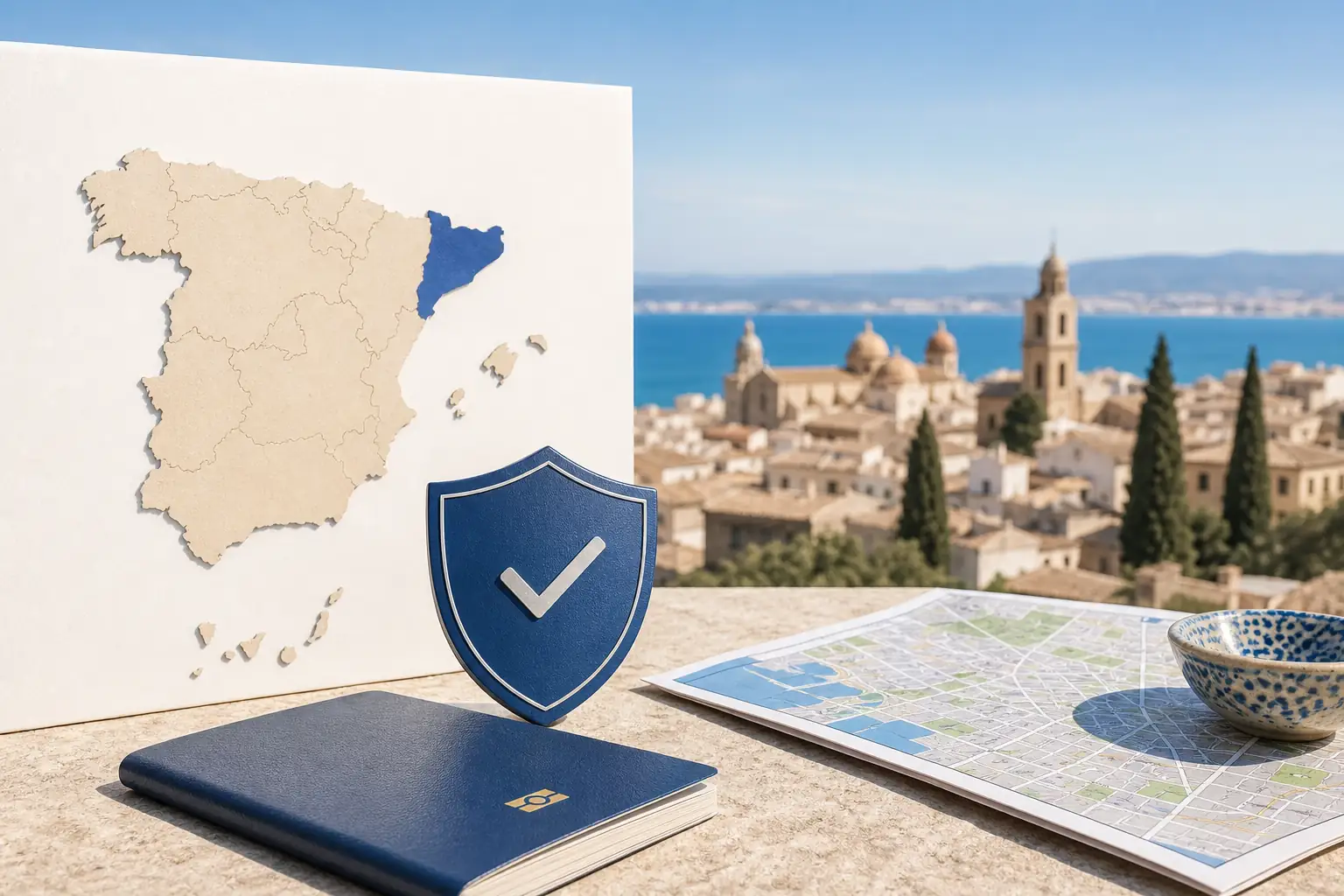 Spain travel safety overview with map, passport, and shield Spain travel safety overview with map, passport, and shield