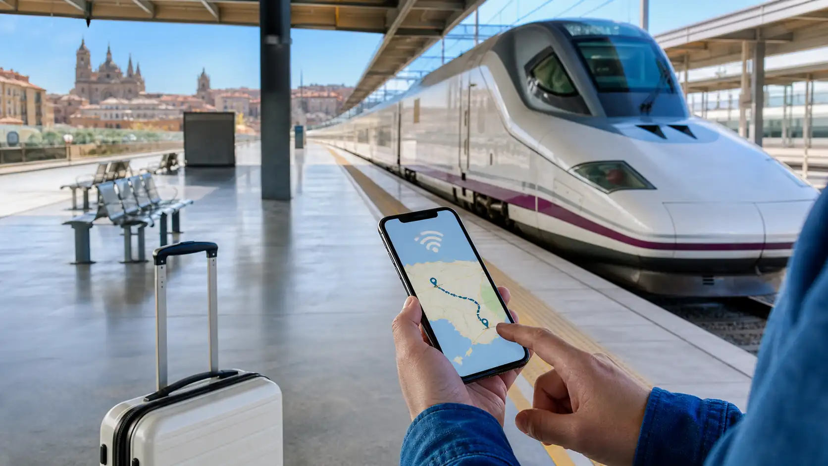 Spanish train platform with luggage smartphone map and travel data planning Spanish train platform with luggage smartphone map and travel data planning