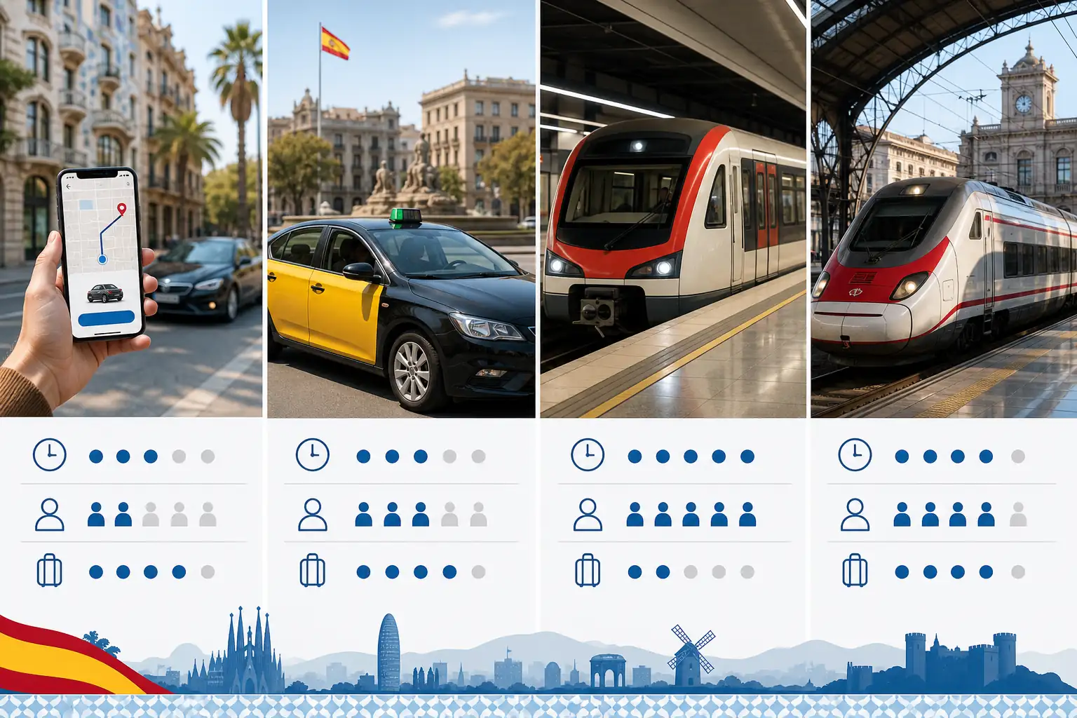 Comparison of app rides taxis metro and trains in Spain