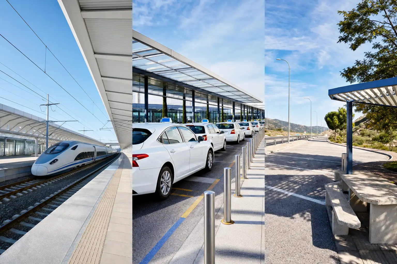 Spanish rail platform, taxi area, and highway rest stop Spanish rail platform, taxi area, and highway rest stop