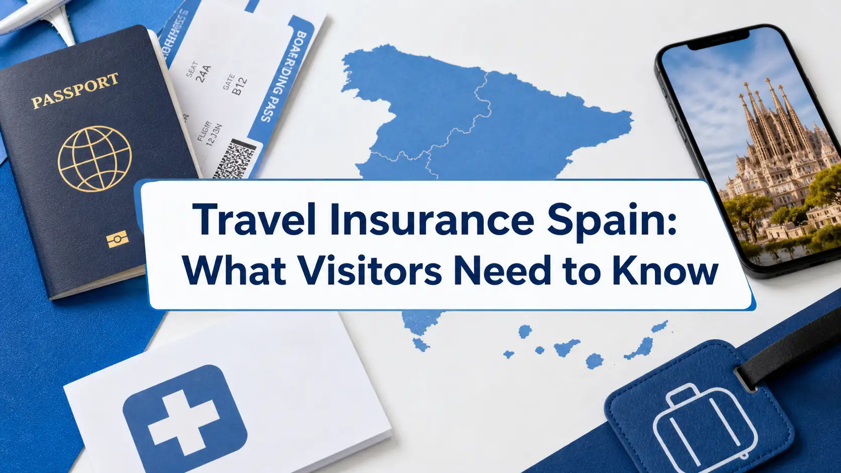 Travel Insurance Spain: What Visitors Need to Know cover with passport and Spain map Travel Insurance Spain: What Visitors Need to Know cover with passport and Spain map