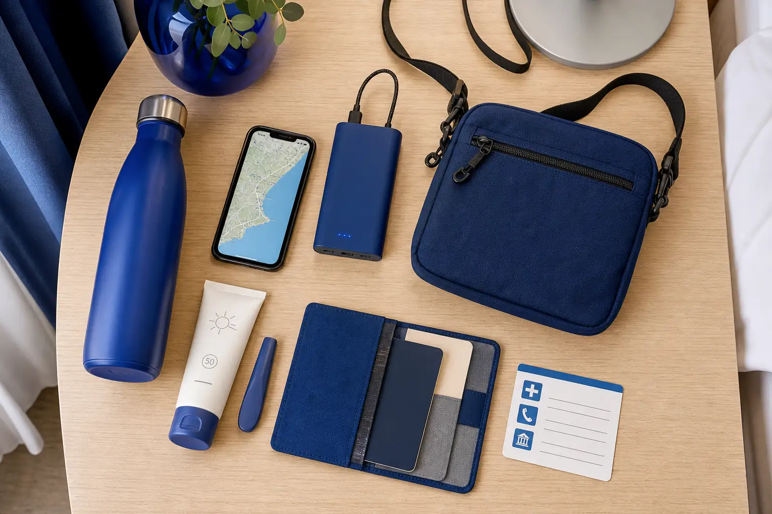 Spain travel safety kit with phone, pouch, water, and power bank Spain travel safety kit with phone, pouch, water, and power bank