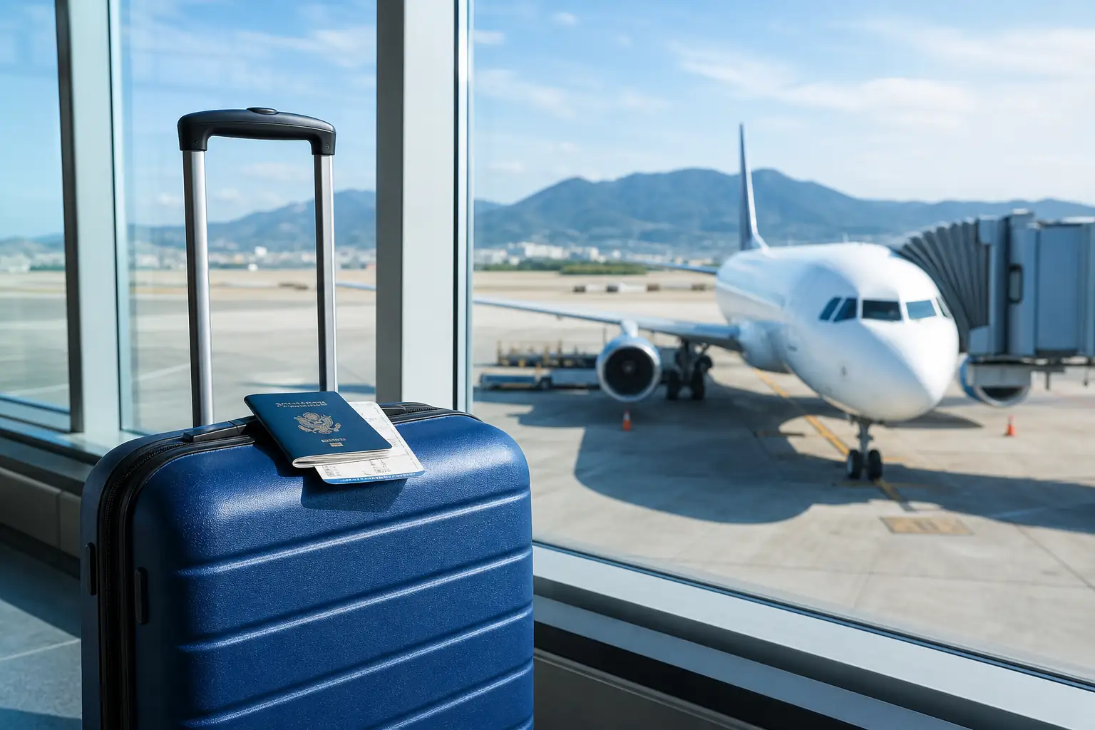 Carry-on luggage and passport ready for a flight to Spain Bagasi jinjing dan paspor siap untuk penerbangan ke Spanyol