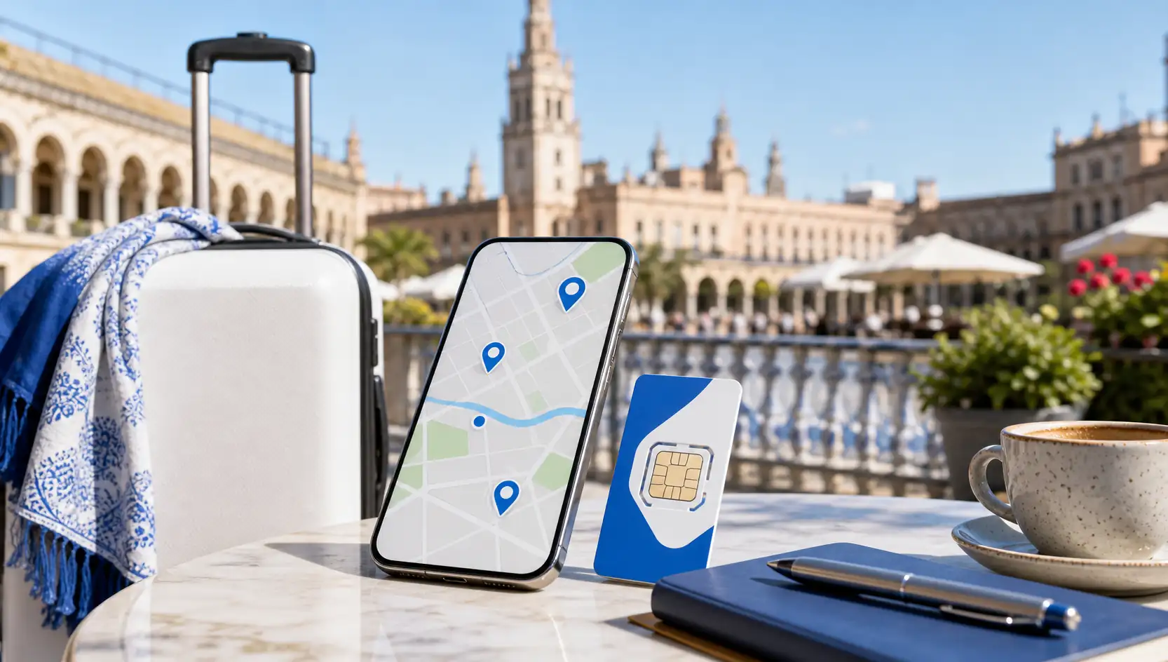 Spain travel planning desk with phone map documents and blue white travel items Spain travel planning desk with phone map documents and blue white travel items