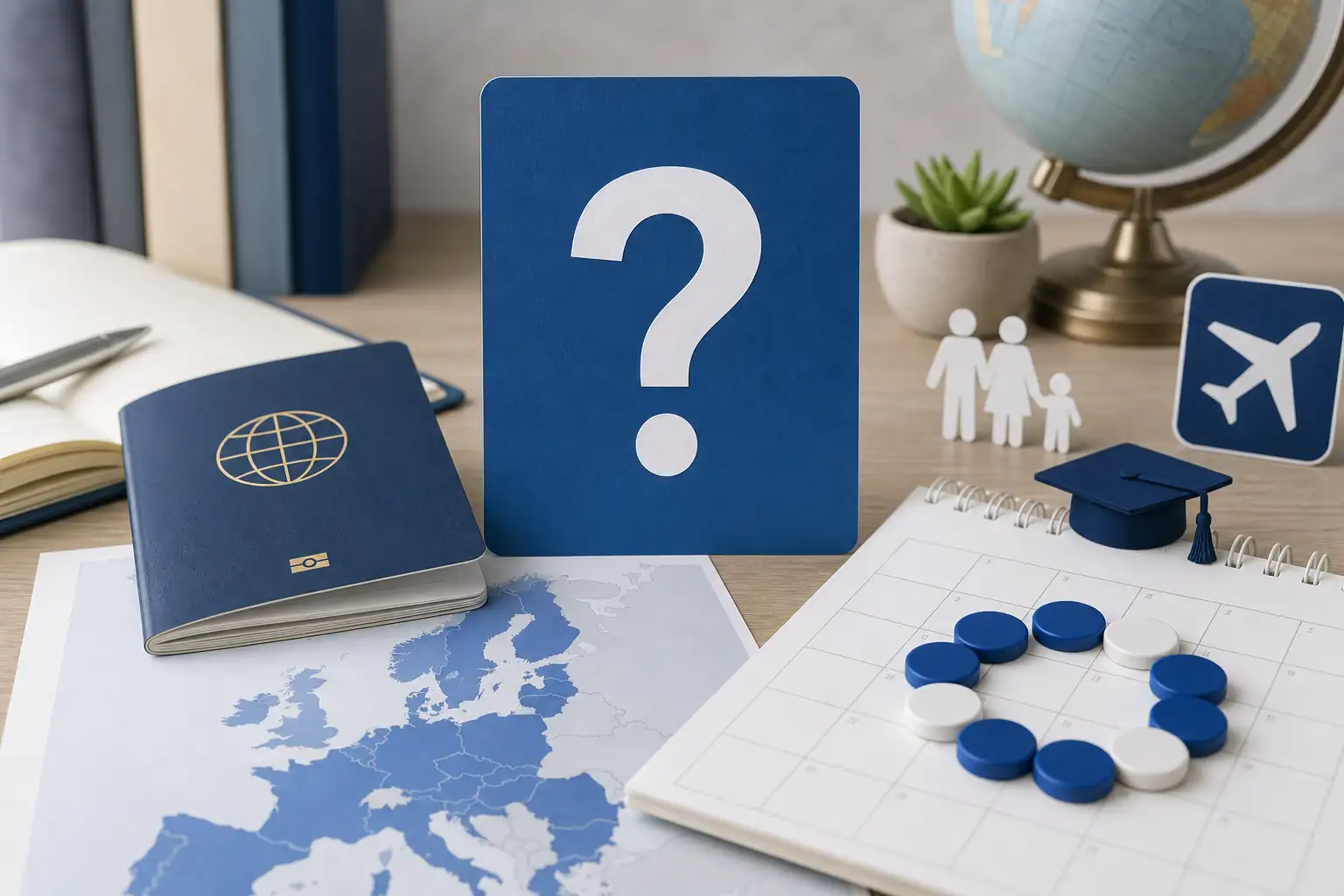 Passport, Schengen map, calendar, family, student, and flight icons for Spain entry questions Passport, Schengen map, calendar, family, student, and flight icons for Spain entry questions