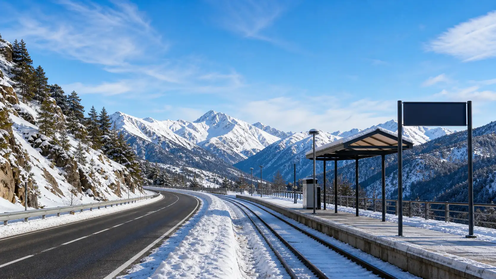 Winter road and train planning for snowy Spain travel Planung von Straßen- und Zugreisen für ein schneereiches Spanien