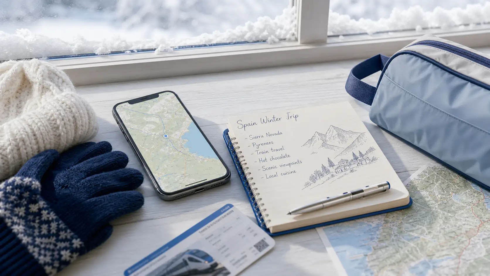 Planung einer Spanien-Winterreise mit Smartphone und Handschuhen Planung einer Spanien-Winterreise mit Smartphone und Handschuhen