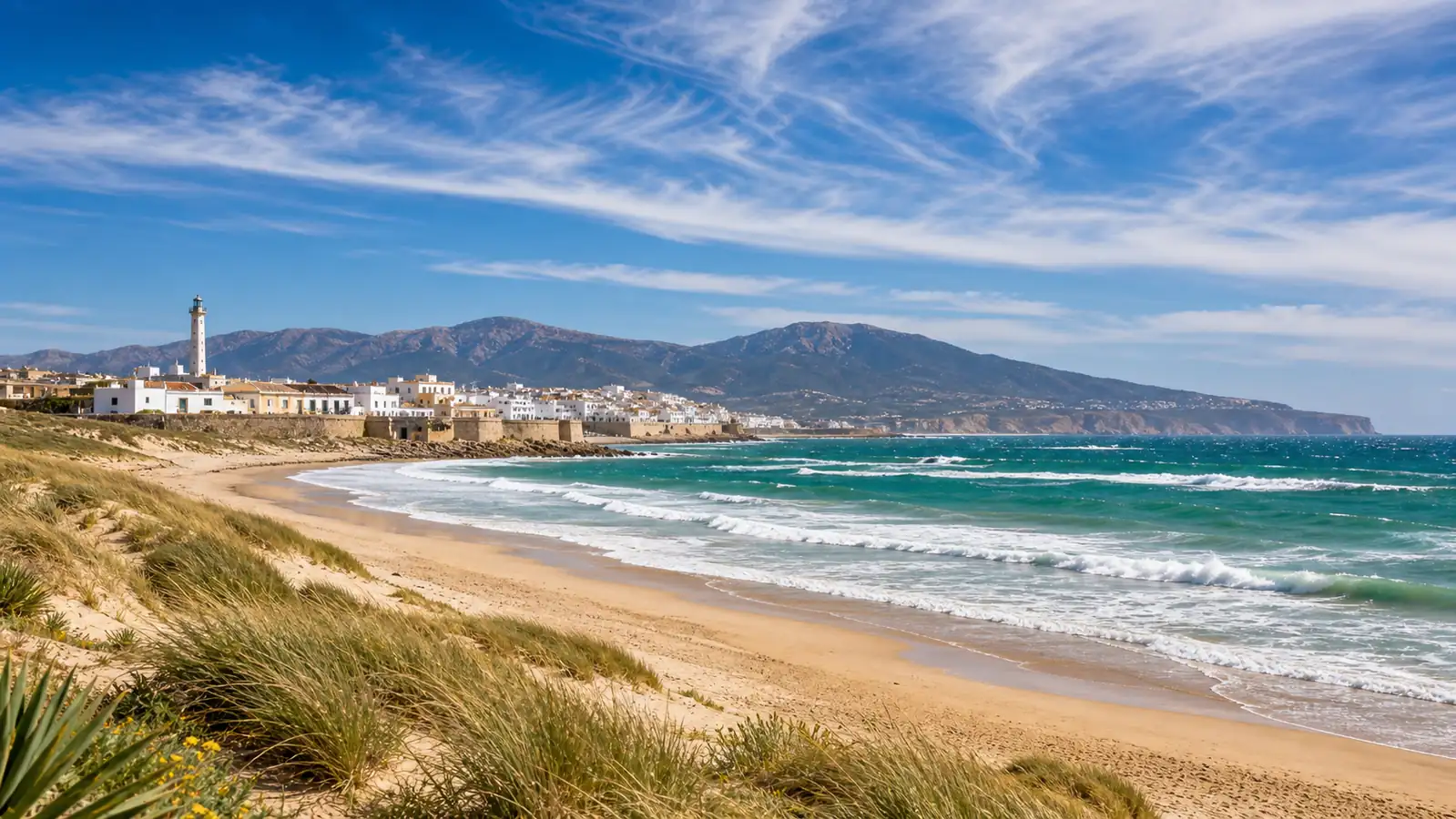 Spanish Atlantic surf beach town with dunes and wide waves Spanish Atlantic surf beach town with dunes and wide waves