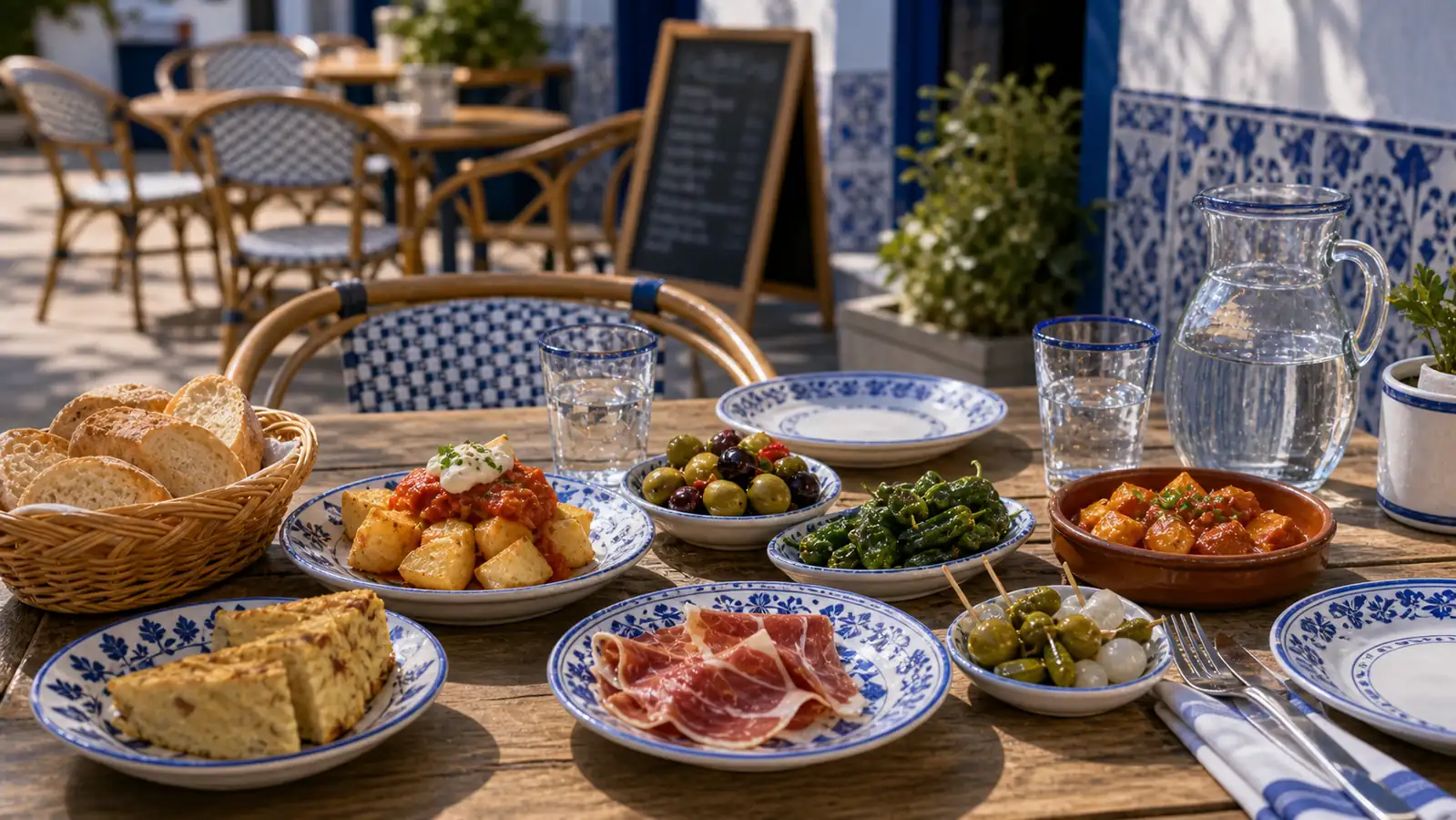 Spanish cafe table set for shared tapas and relaxed ordering Spanish cafe table set for shared tapas and relaxed ordering