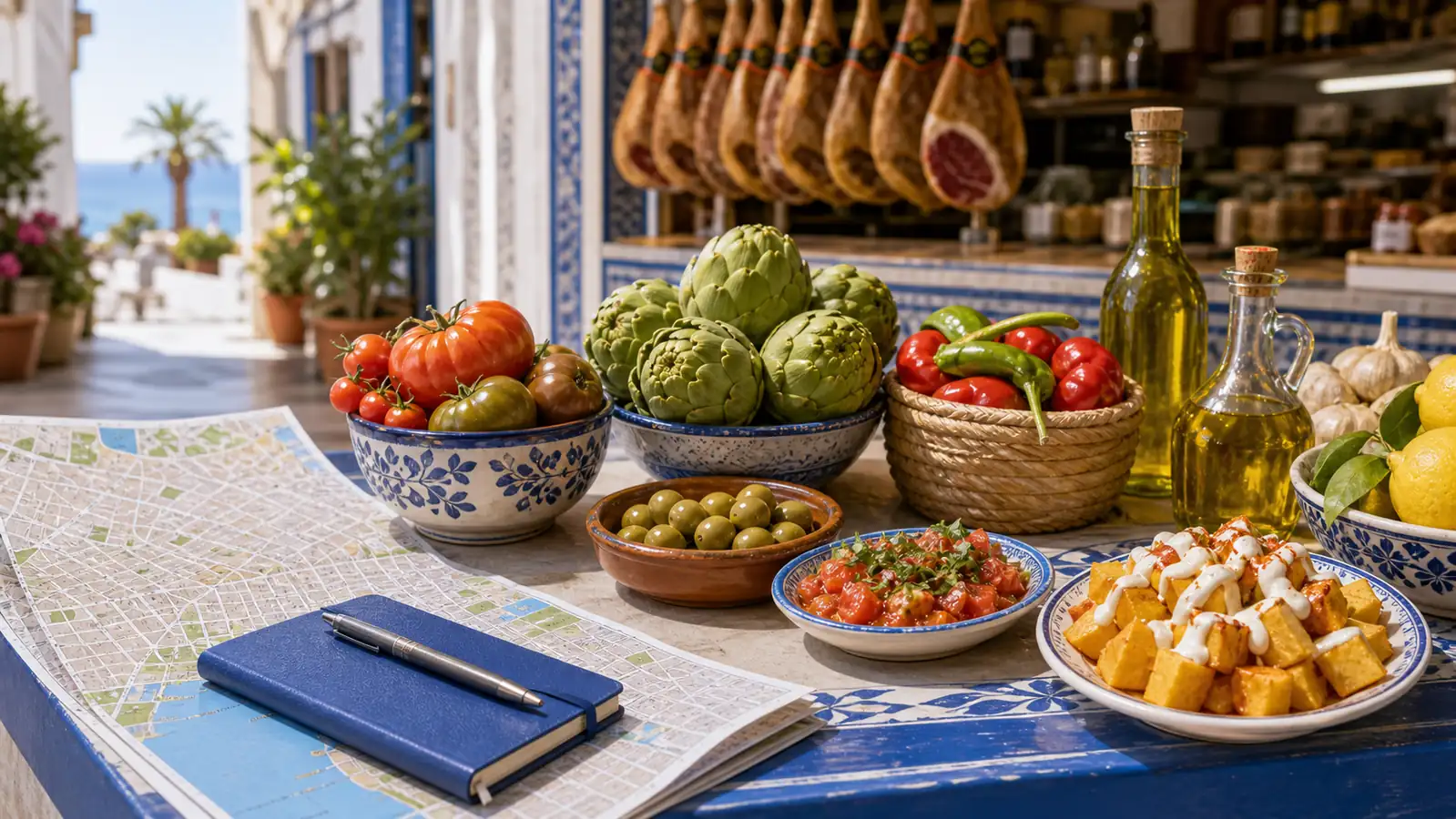 Spanish food market stall with tapas plates and a travel map Spanish food market stall with tapas plates and a travel map