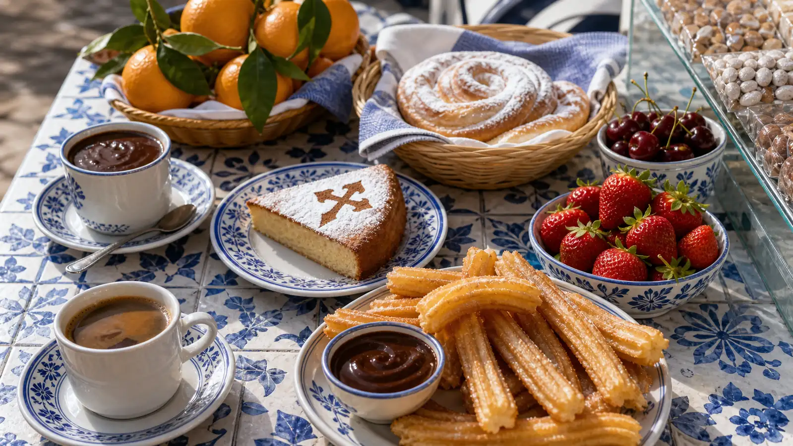 Spanish sweets, churros, almond cake, and market snacks Spanish sweets, churros, almond cake, and market snacks
