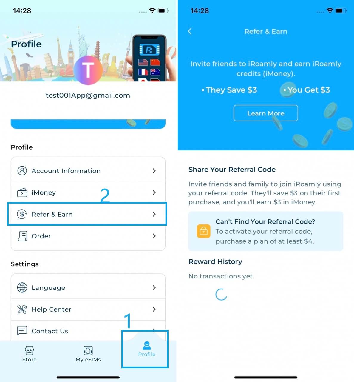 iRoamly App Account Profile Refer and Earn