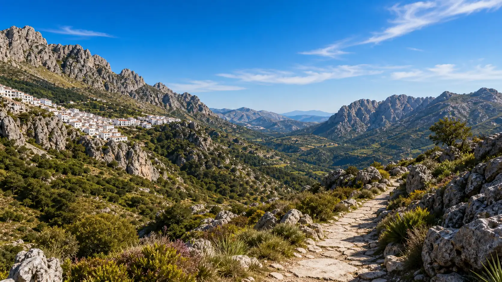 Mountain trail and white village for outdoor things to do in Spain Mountain trail and white village for outdoor things to do in Spain