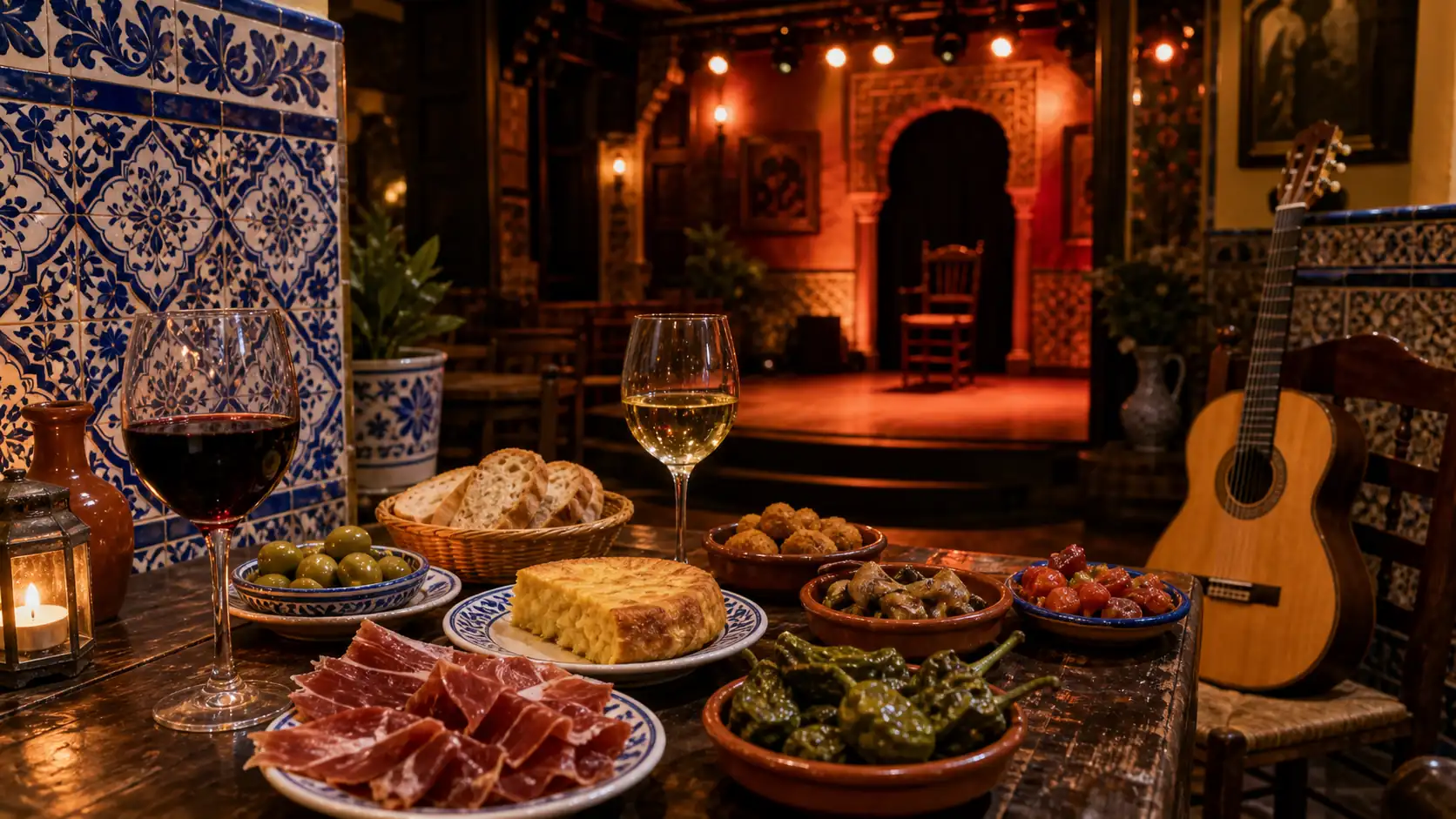 Tapas table and flamenco stage details for Spain evening experiences Tapas table and flamenco stage details for Spain evening experiences