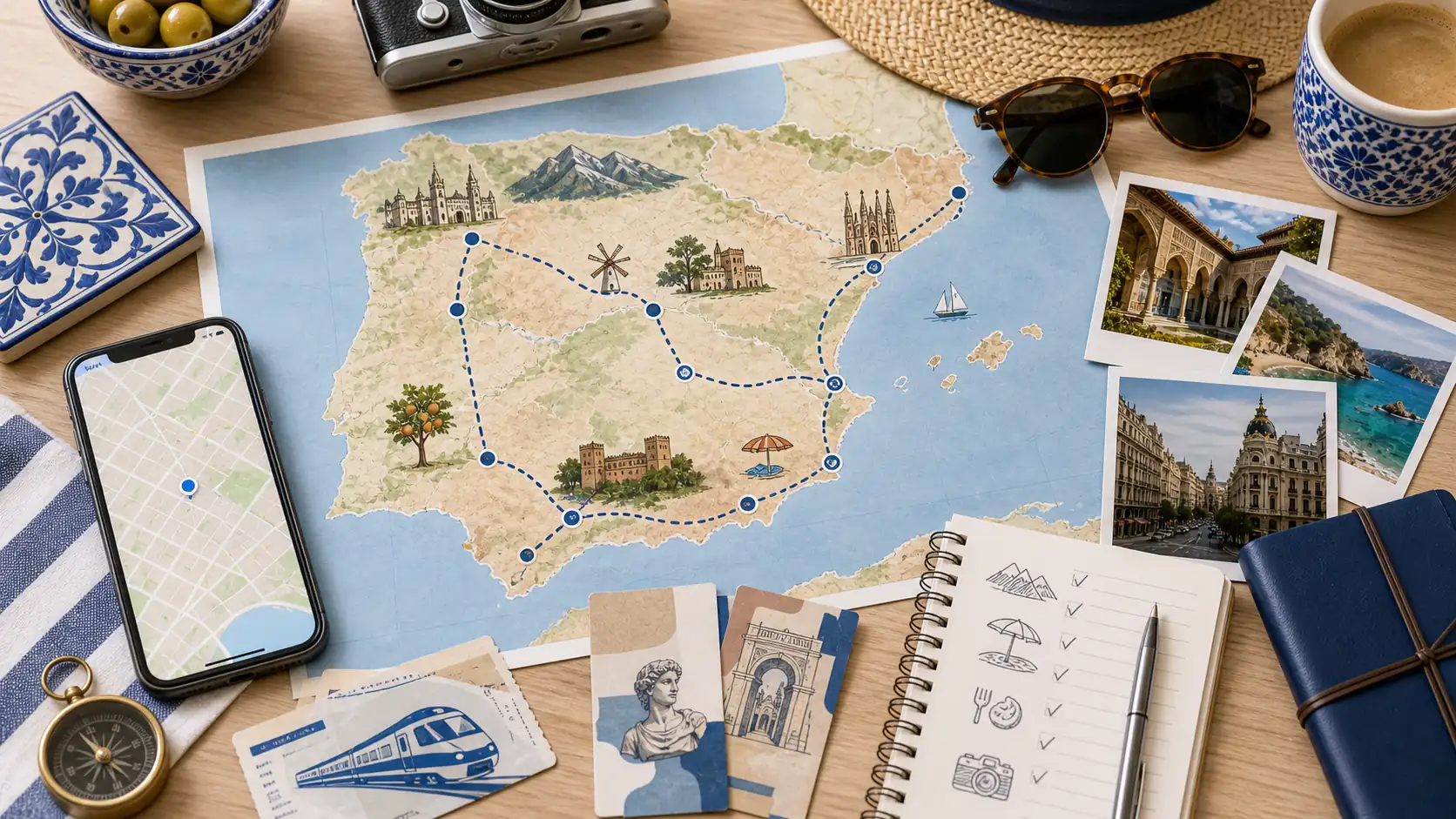 Spain activities trip planning desk with map and travel items Spain activities trip planning desk with map and travel items