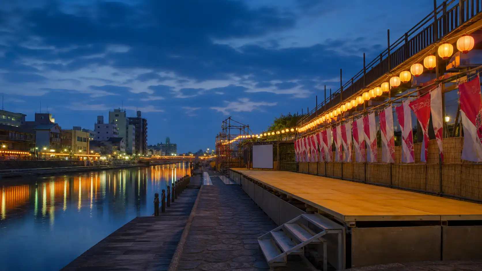 Empty Tokushima riverside festival area prepared for Awa Odori Empty Tokushima riverside festival area prepared for Awa Odori